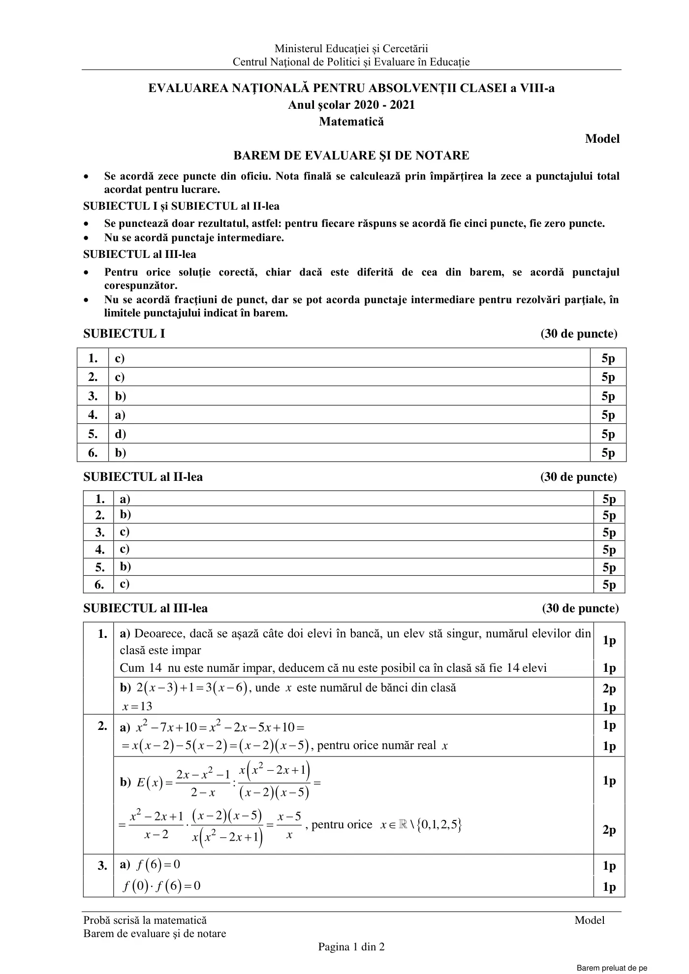 Pagina 1 din baremul pentru model oficial, matematică, noiembrie 2020