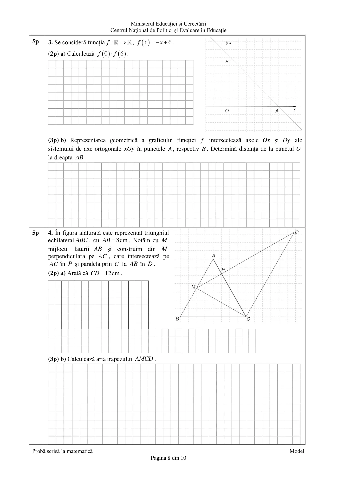 Pagina 8 din subiectul model oficial, matematică, noiembrie 2020