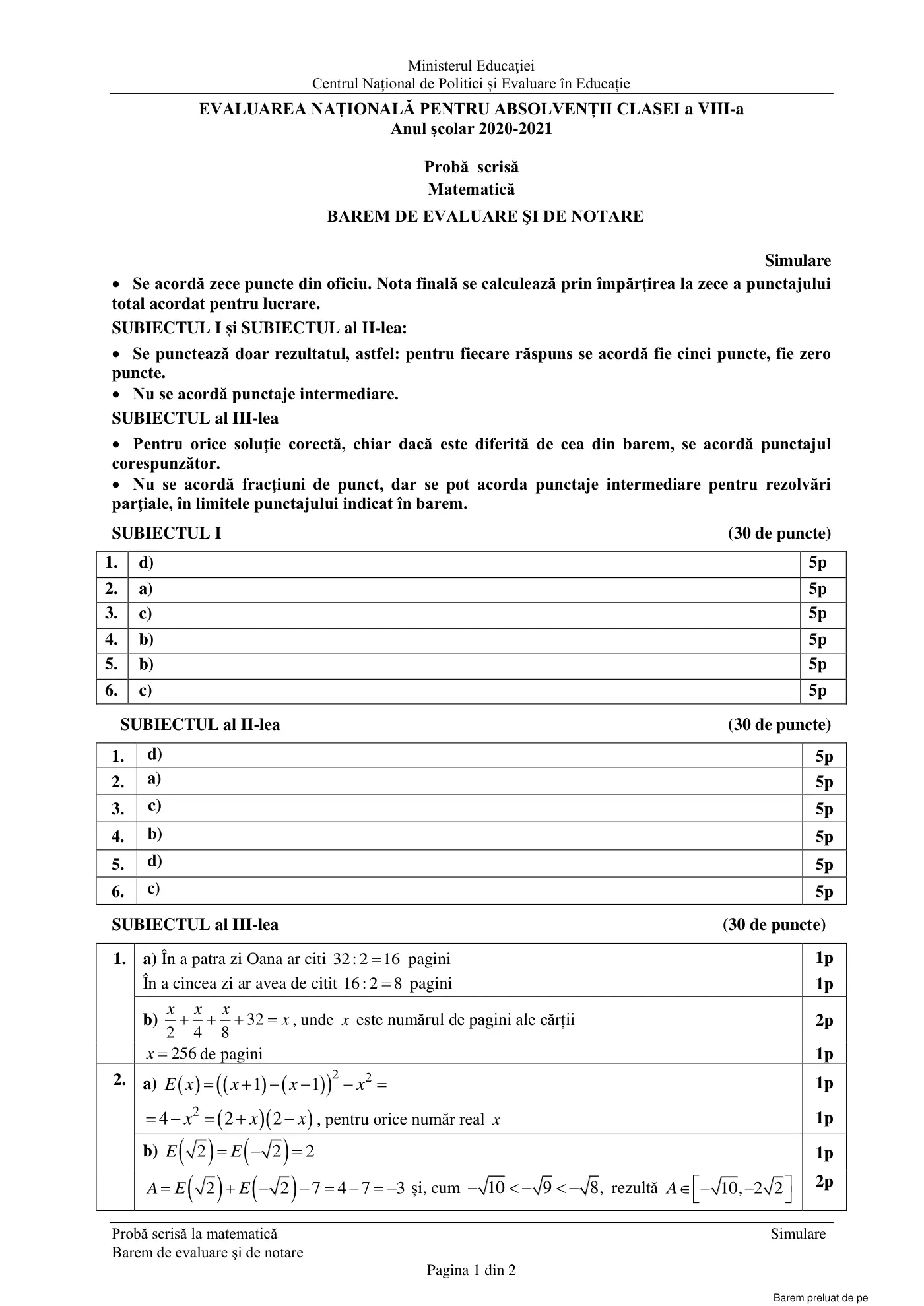 Pagina 1 din baremul pentru simulare națională, matematică, 30 martie 2021