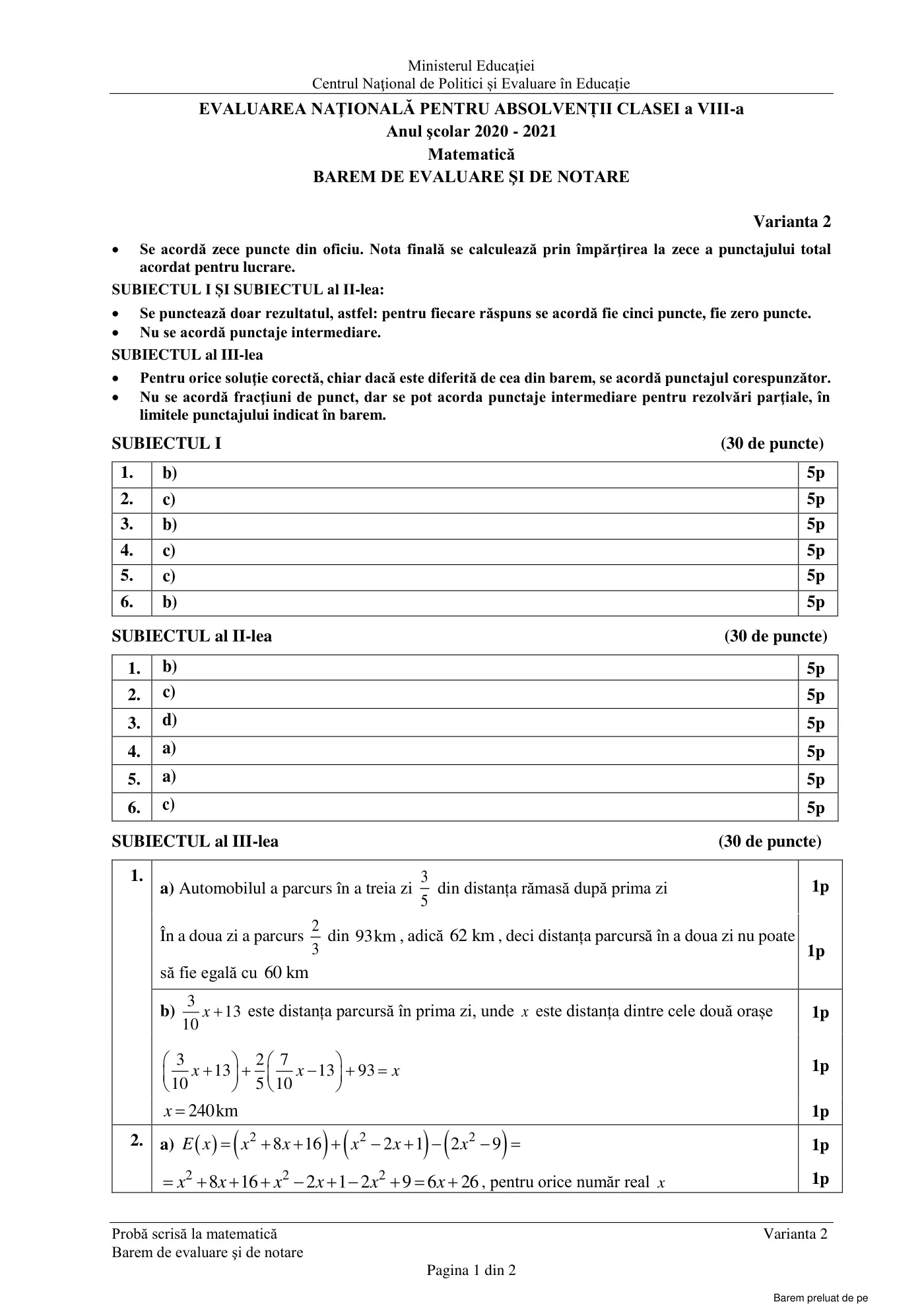 Pagina 1 din baremul pentru sesiunea specială, matematică, 6 iulie 2021