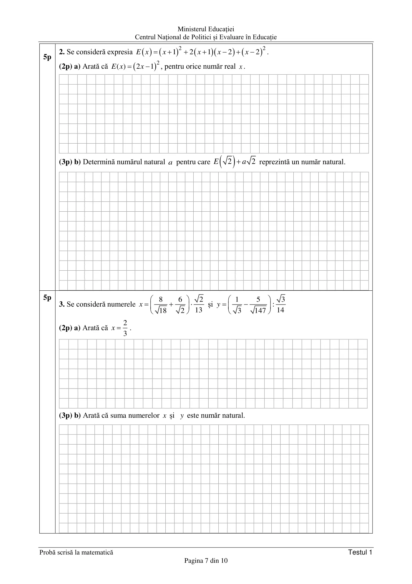 Pagina 7 din subiectul test de antrenament 1, matematică, februarie 2021