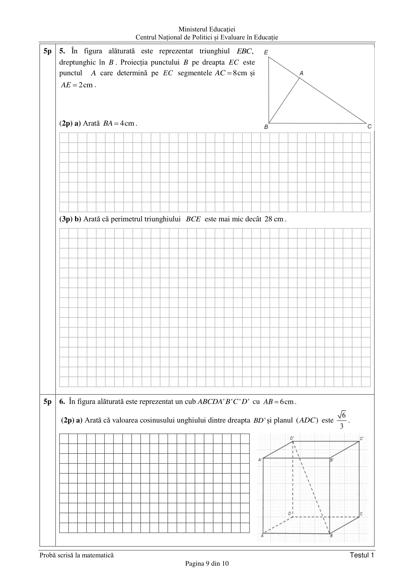 Pagina 9 din subiectul test de antrenament 1, matematică, februarie 2021