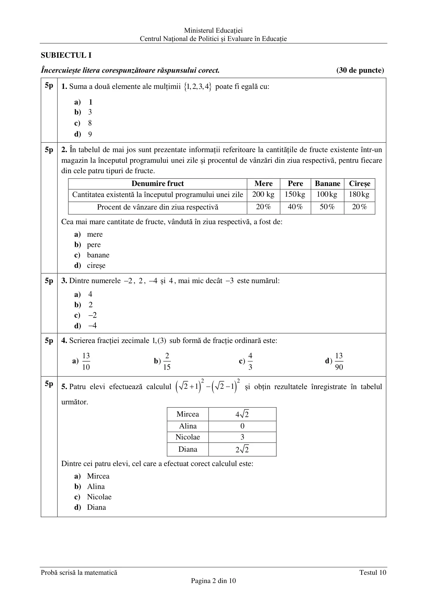 Pagina 2 din subiectul test de antrenament 10, matematică, martie 2021
