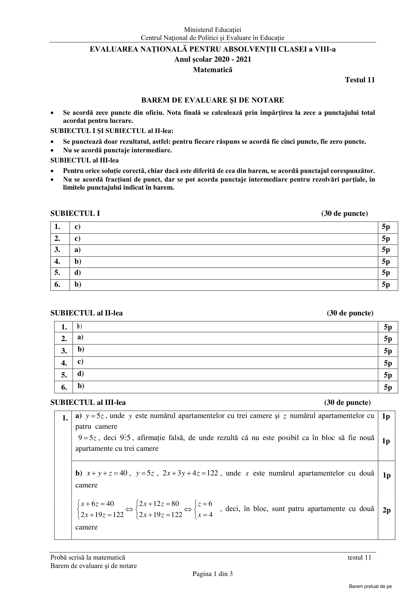 Pagina 1 din baremul pentru test de antrenament 11, matematică, martie 2021