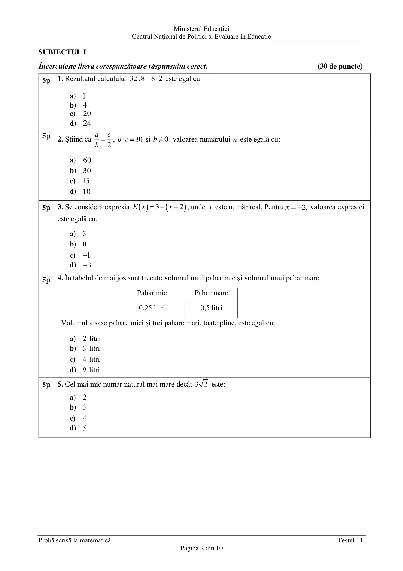 Pagina 2 din subiectul test de antrenament 11, matematică, martie 2021