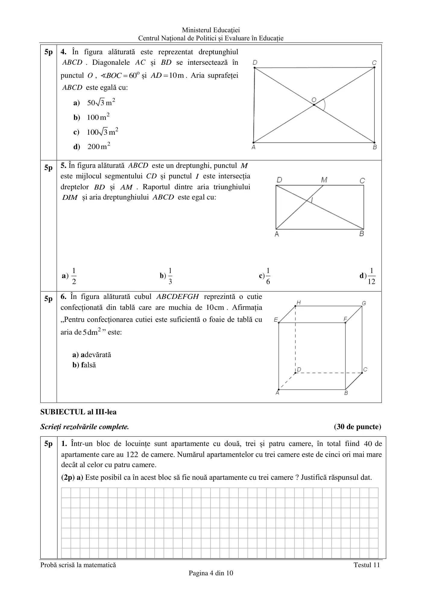 Pagina 4 din subiectul test de antrenament 11, matematică, martie 2021