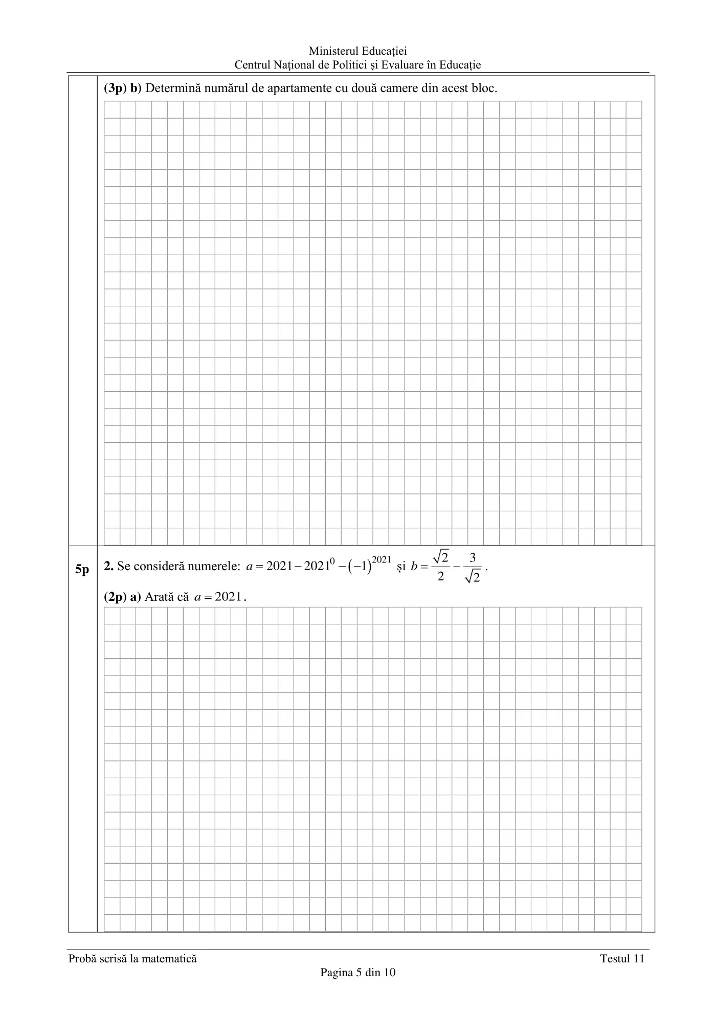 Pagina 5 din subiectul test de antrenament 11, matematică, martie 2021