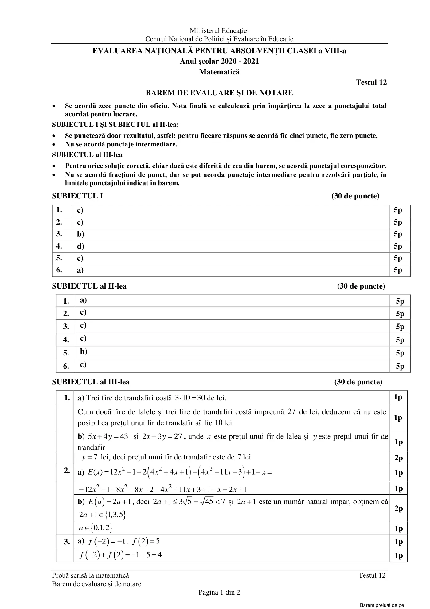 Pagina 1 din baremul pentru test de antrenament 12, matematică, martie 2021
