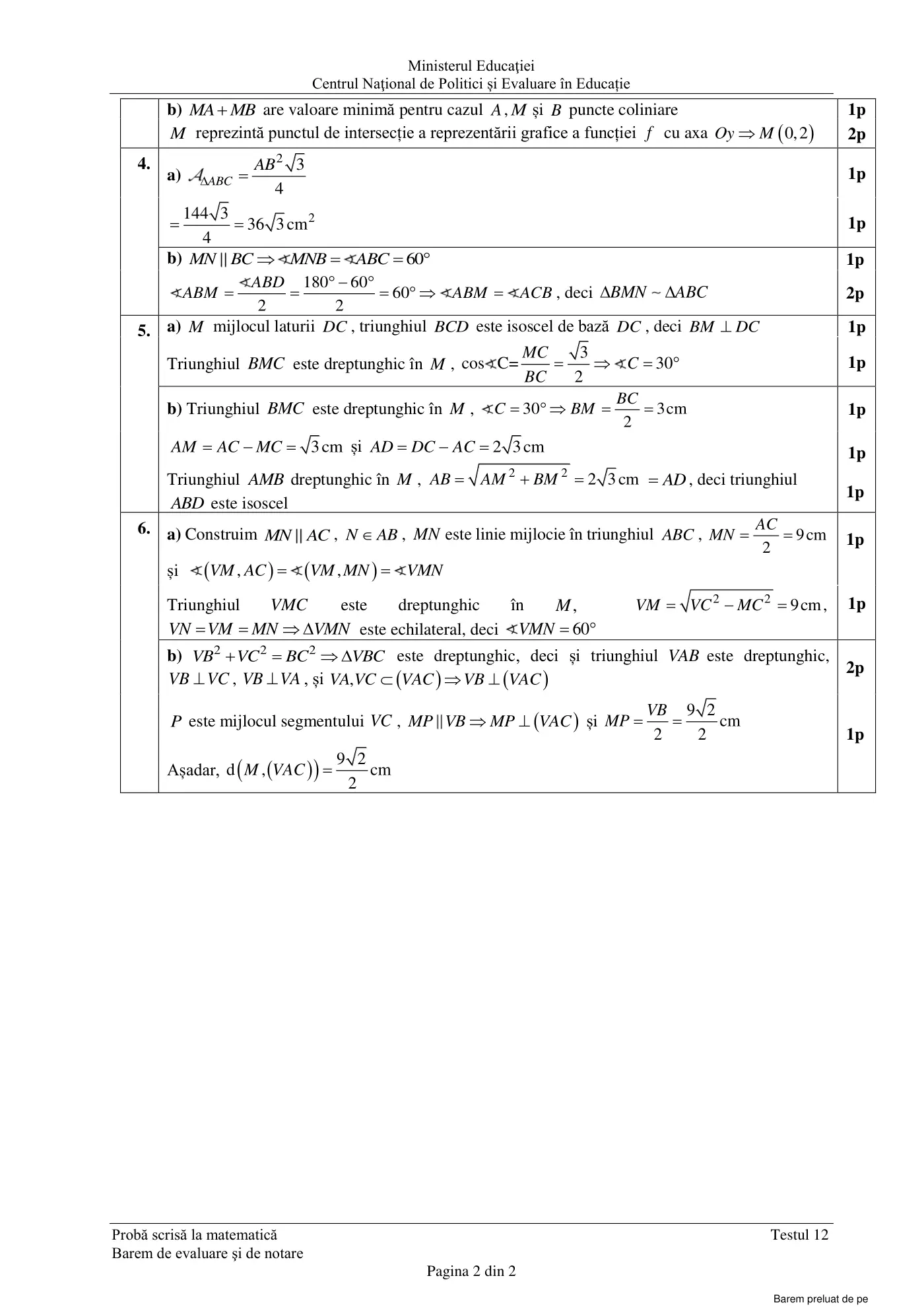 Pagina 2 din baremul pentru test de antrenament 12, matematică, martie 2021