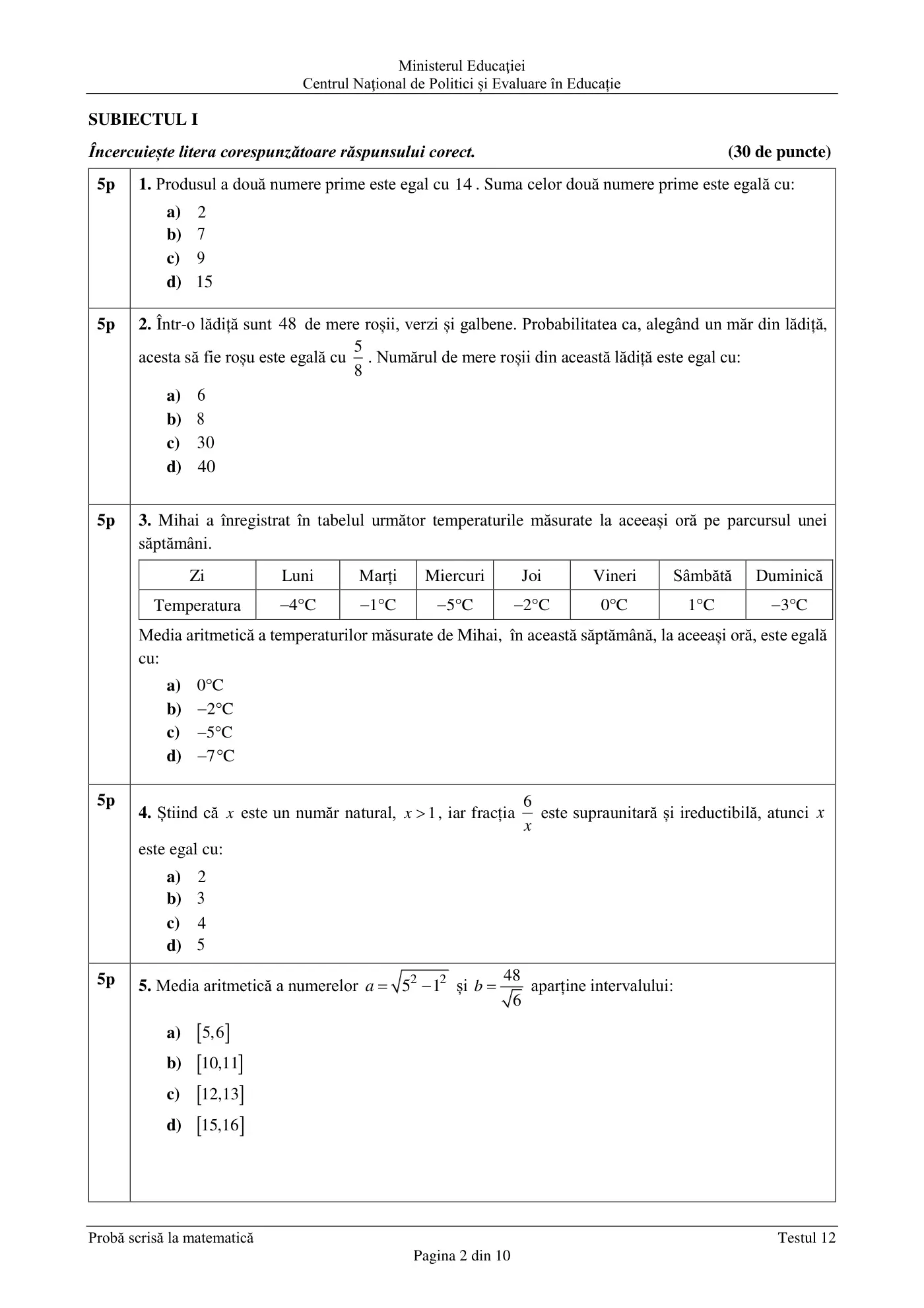 Pagina 2 din subiectul test de antrenament 12, matematică, martie 2021