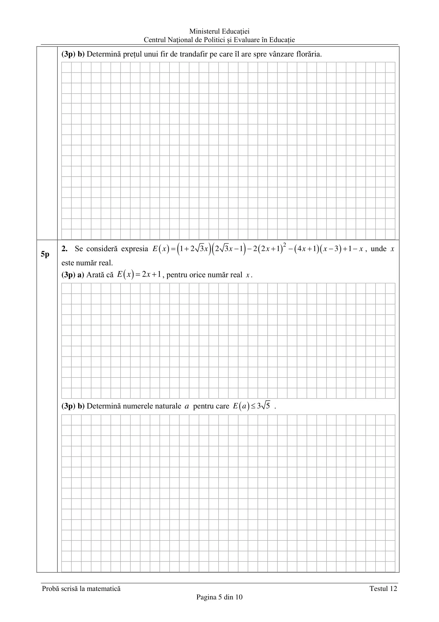 Pagina 5 din subiectul test de antrenament 12, matematică, martie 2021