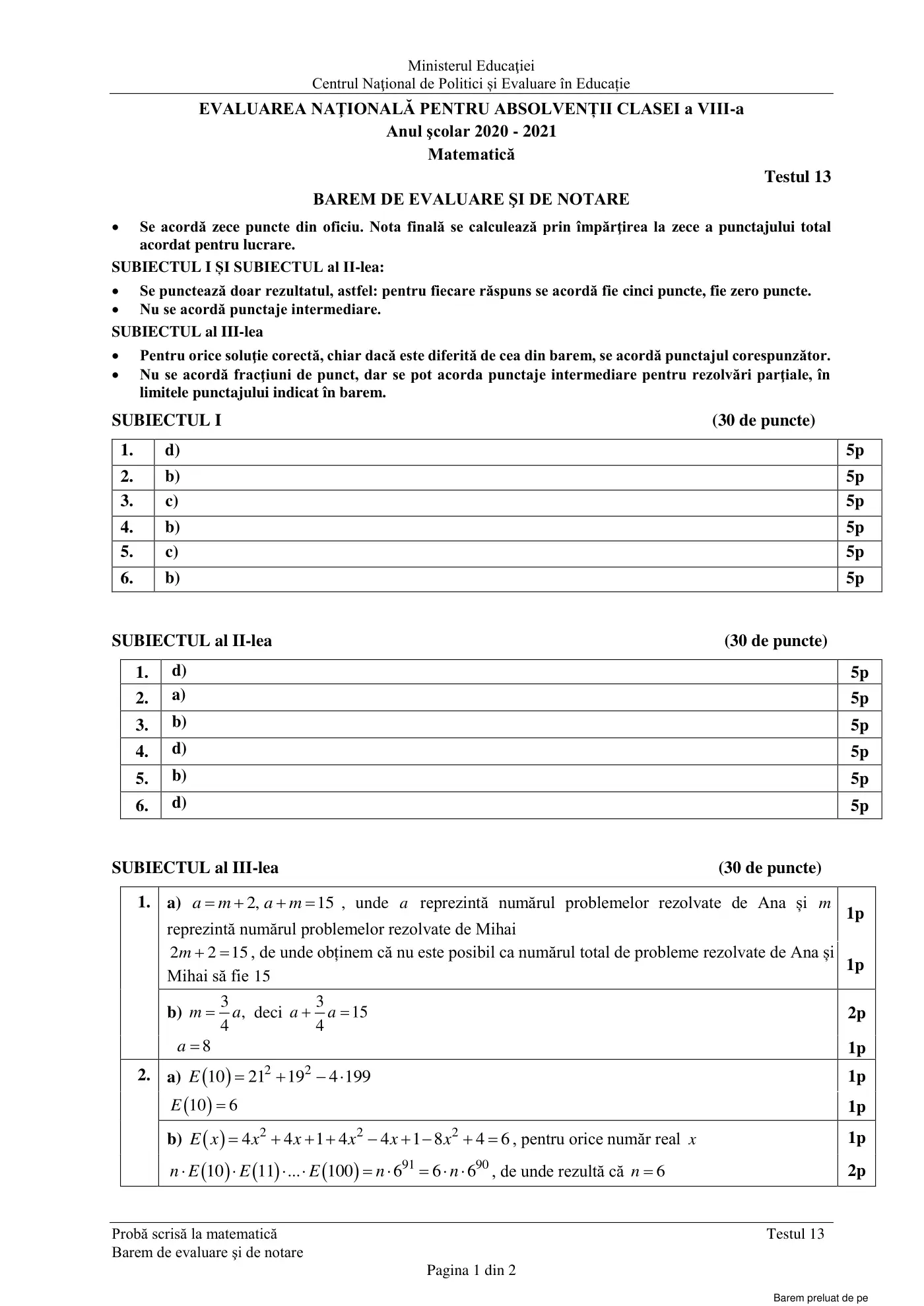 Pagina 1 din baremul pentru test de antrenament 13, matematică, martie 2021