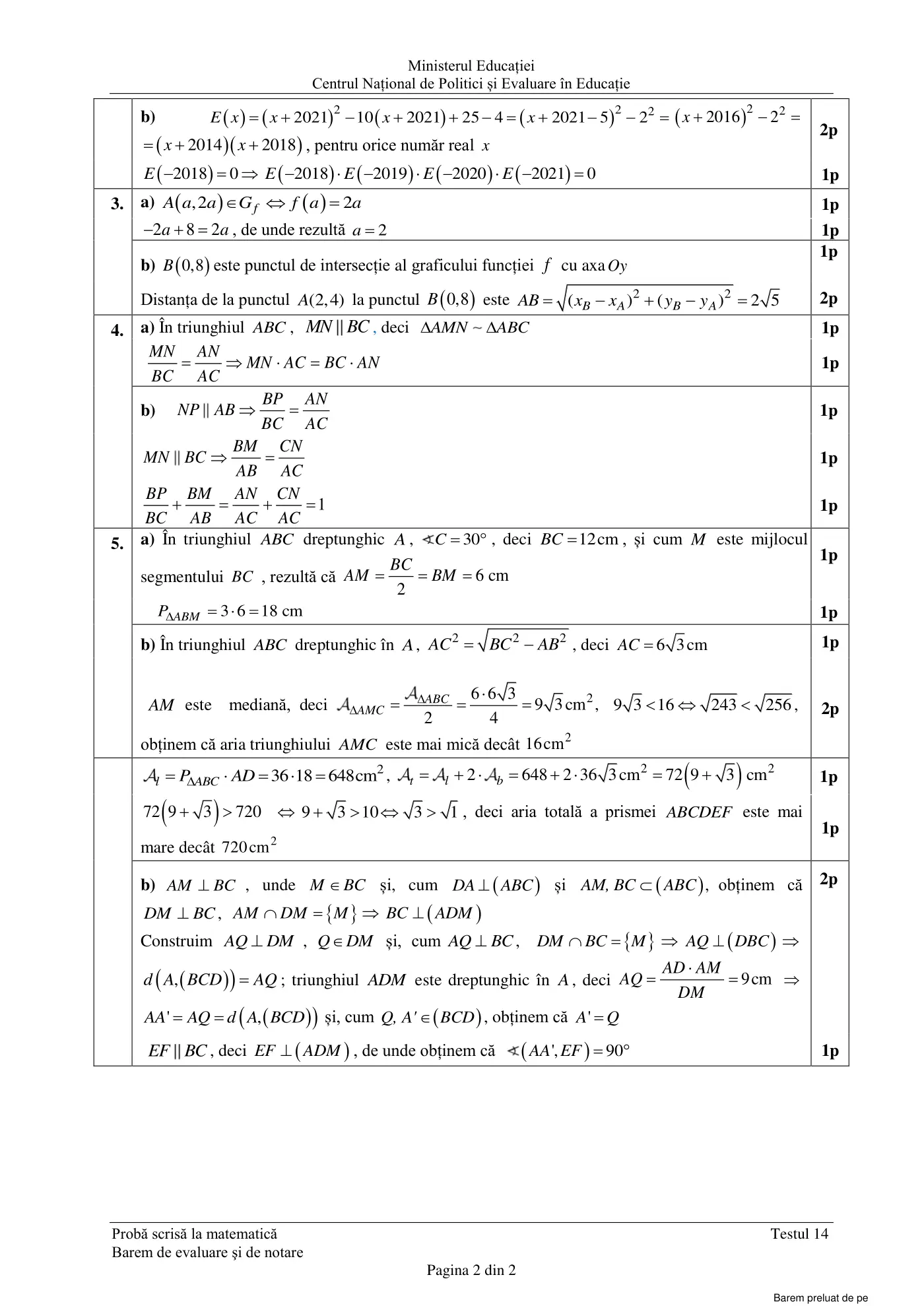 Pagina 2 din baremul pentru test de antrenament 14, matematică, martie 2021