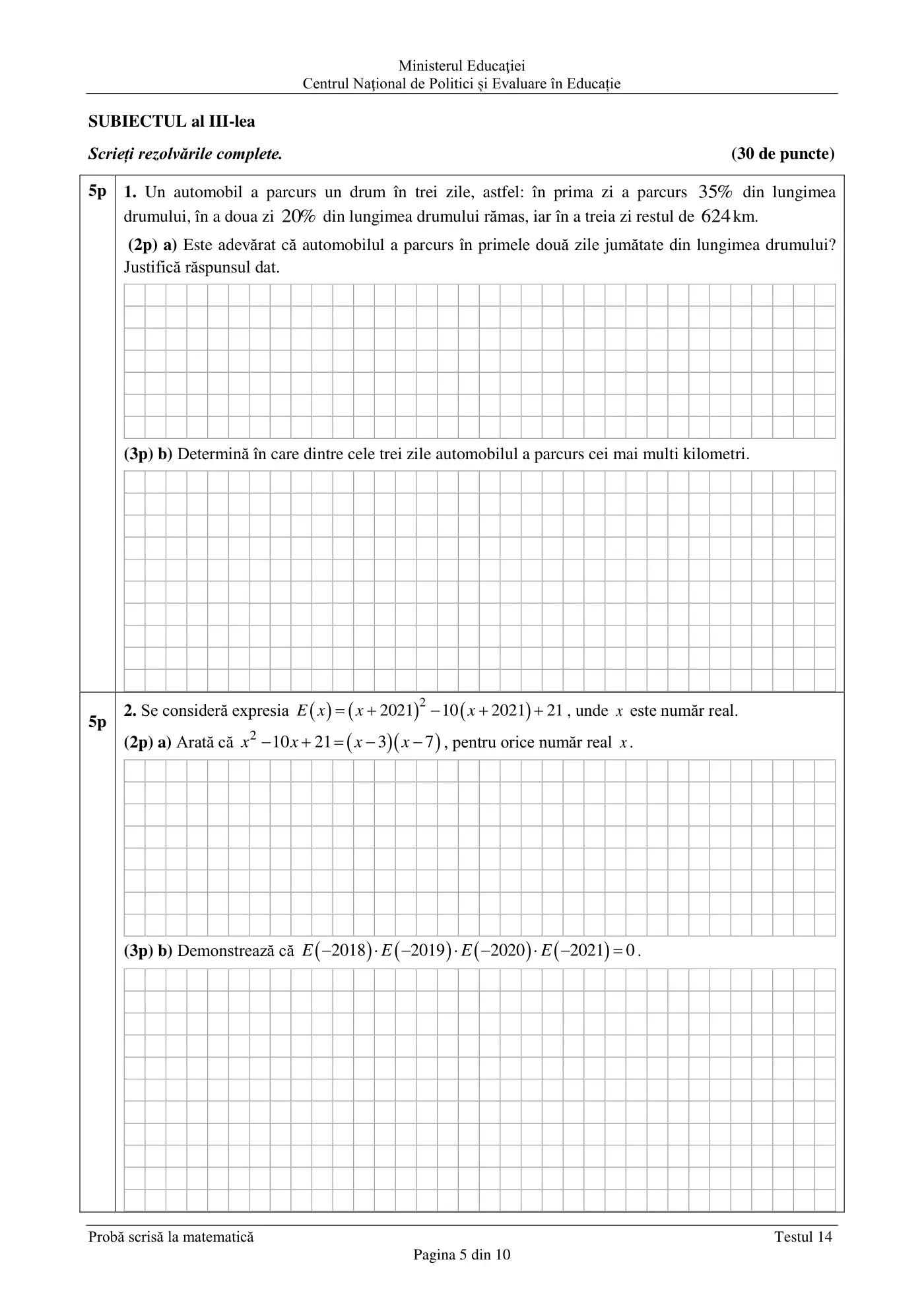 Pagina 5 din subiectul test de antrenament 14, matematică, martie 2021