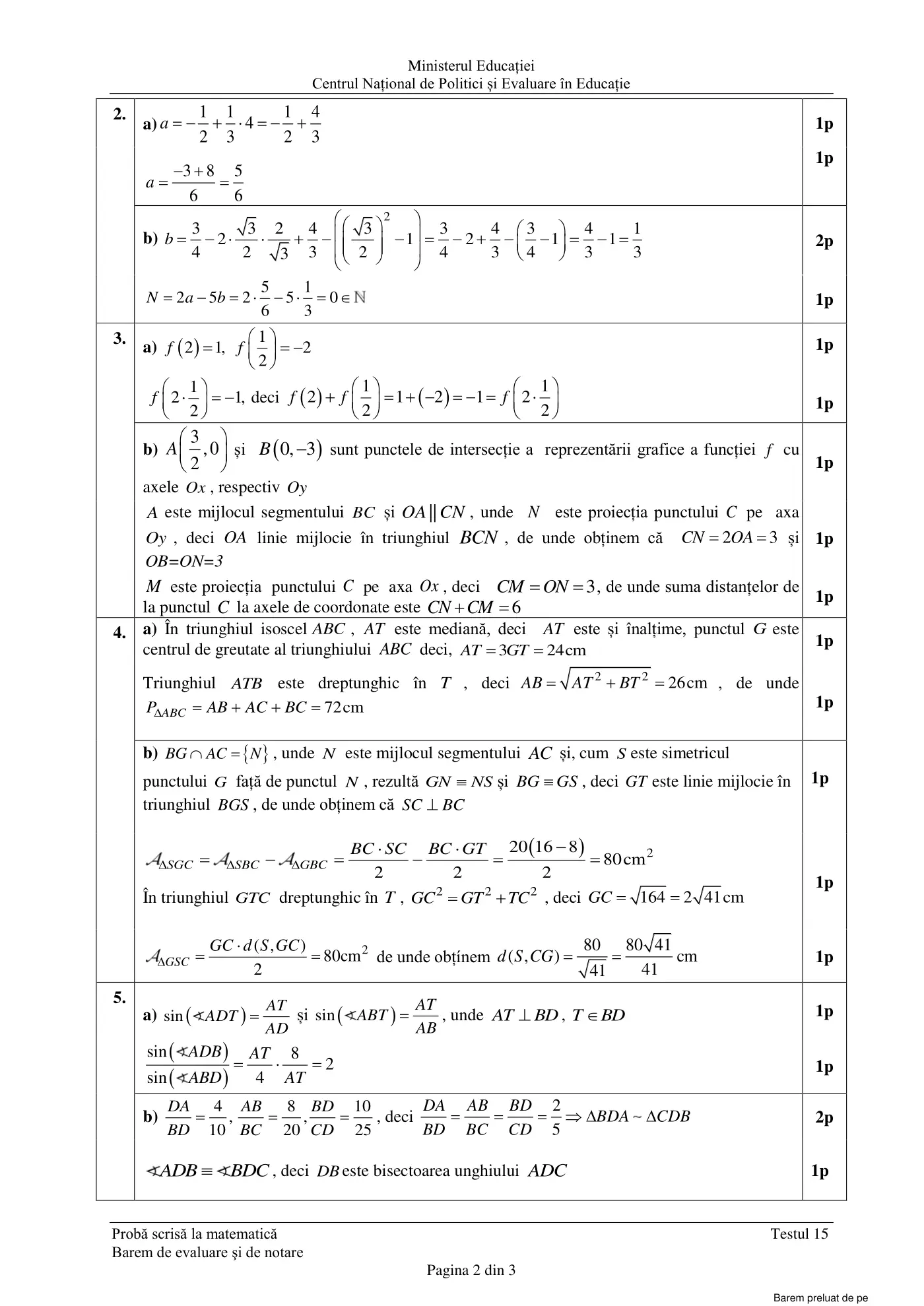 Pagina 2 din baremul pentru test de antrenament 15, matematică, martie 2021