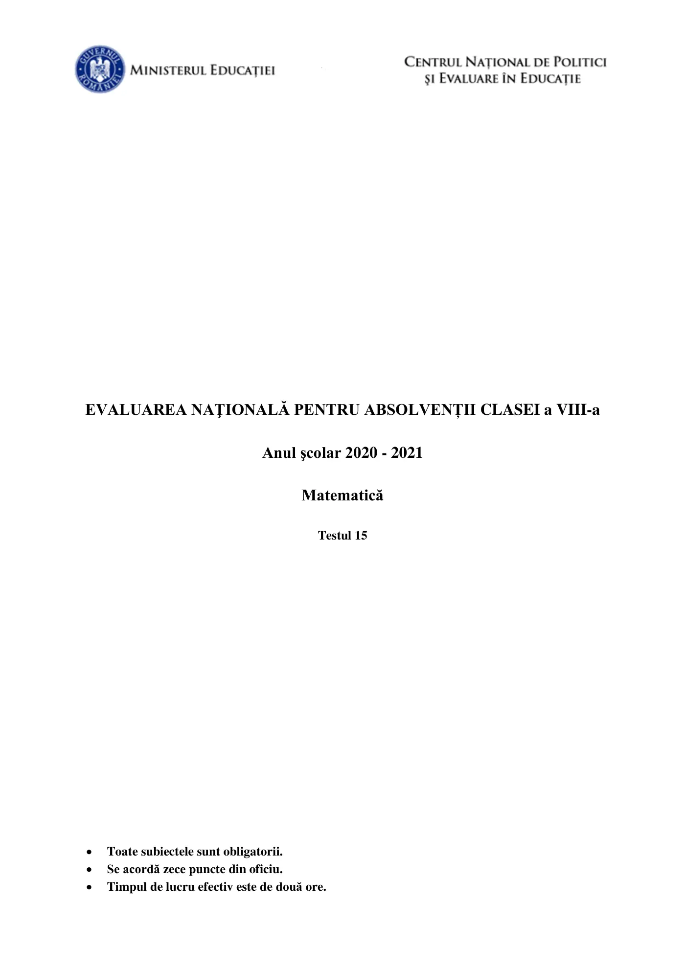 Pagina 1 din subiectul test de antrenament 15, matematică, martie 2021
