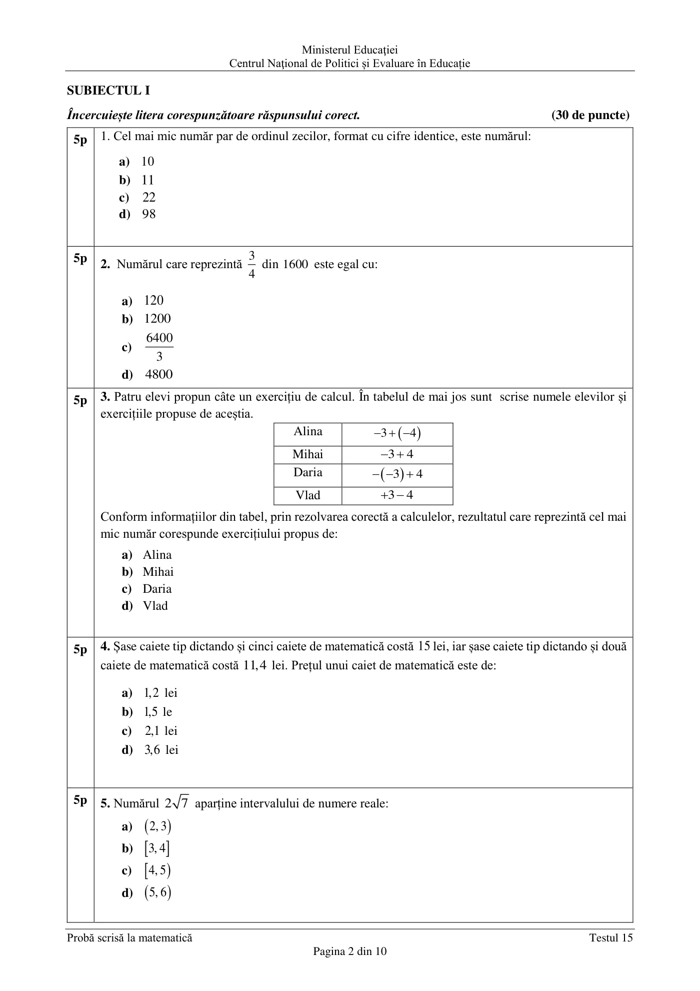 Pagina 2 din subiectul test de antrenament 15, matematică, martie 2021