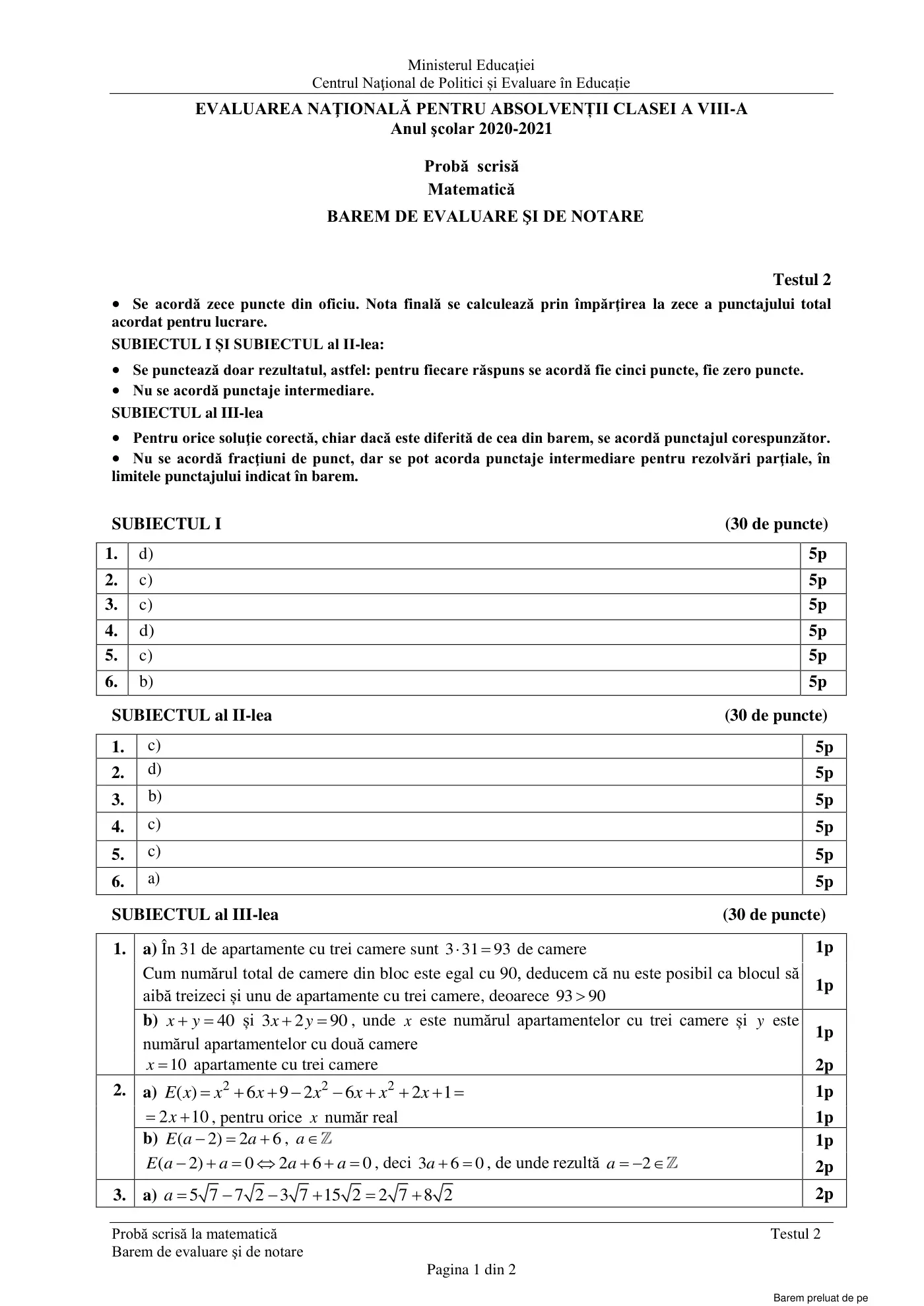 Pagina 1 din baremul pentru test de antrenament 2, matematică, februarie 2021