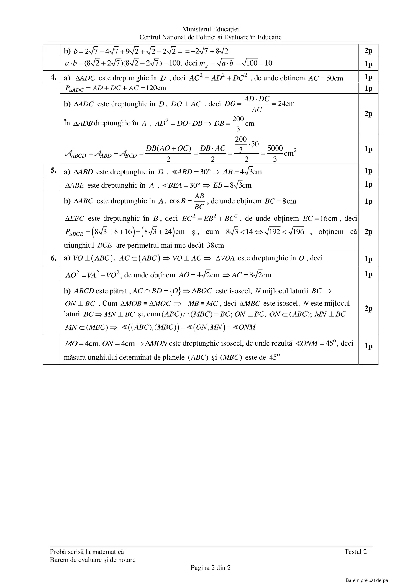 Pagina 2 din baremul pentru test de antrenament 2, matematică, februarie 2021