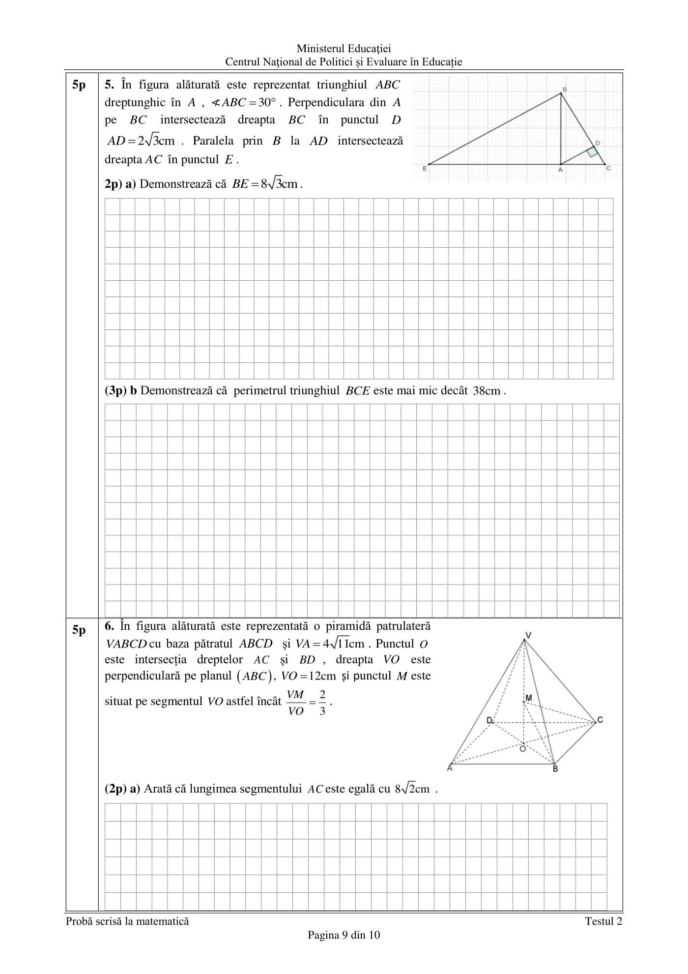 Pagina 9 din subiectul test de antrenament 2, matematică, februarie 2021