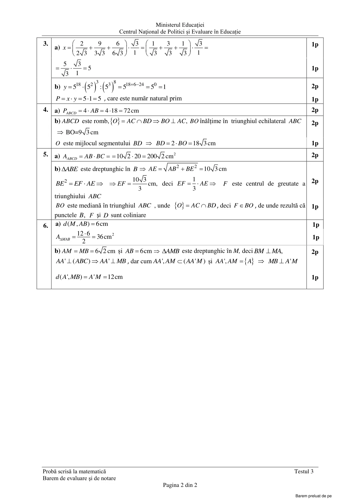 Pagina 2 din baremul pentru test de antrenament 3, matematică, februarie 2021