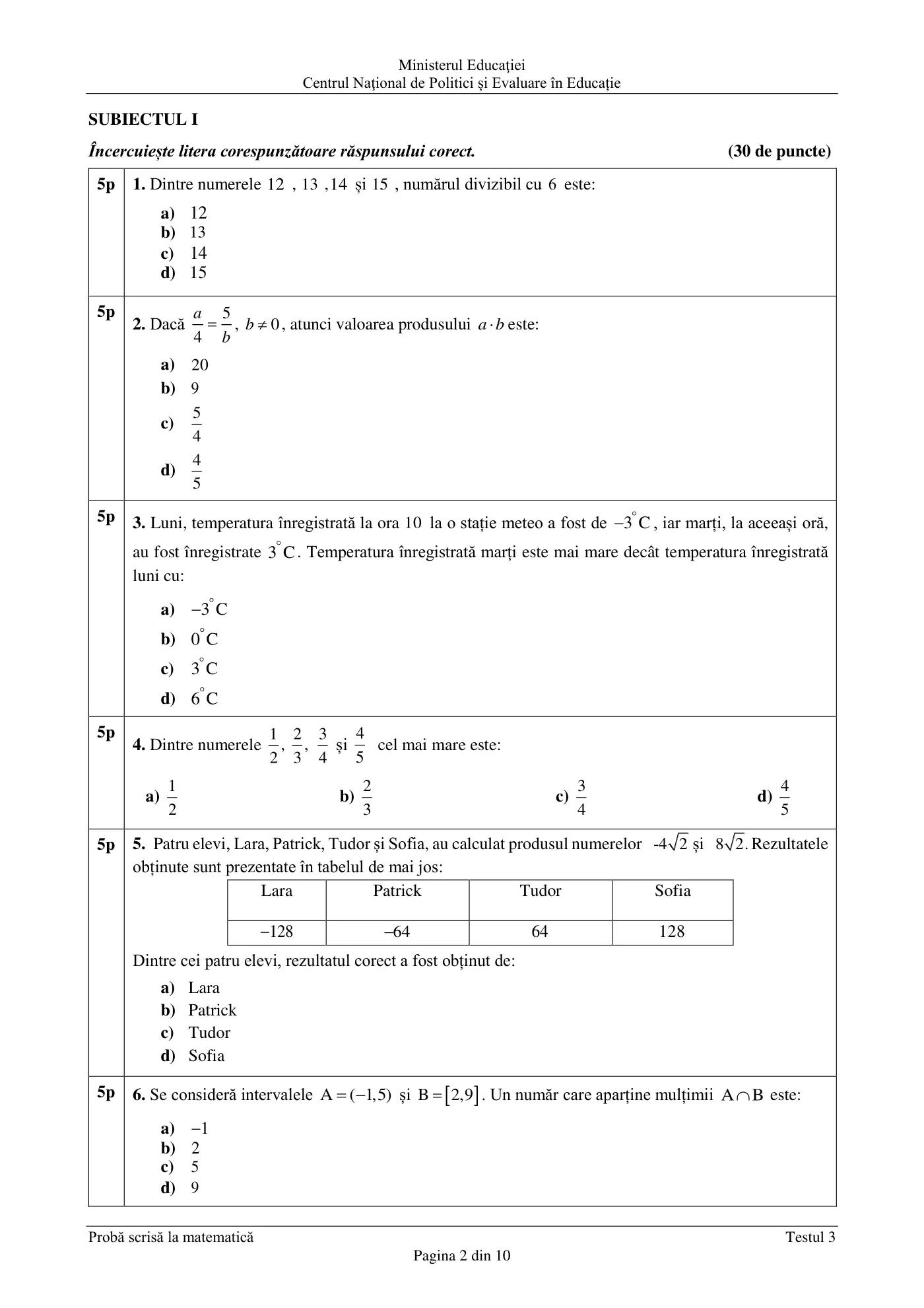 Pagina 2 din subiectul test de antrenament 3, matematică, februarie 2021