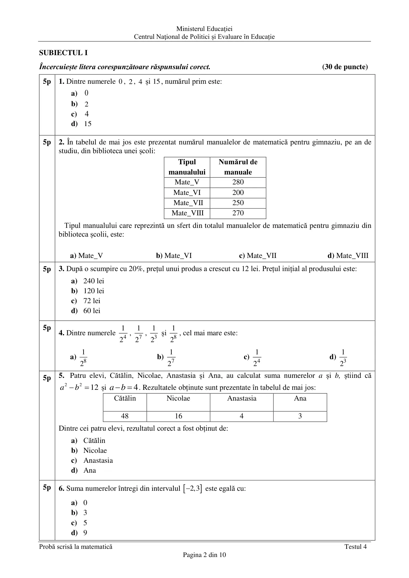 Pagina 2 din subiectul test de antrenament 4, matematică, februarie 2021