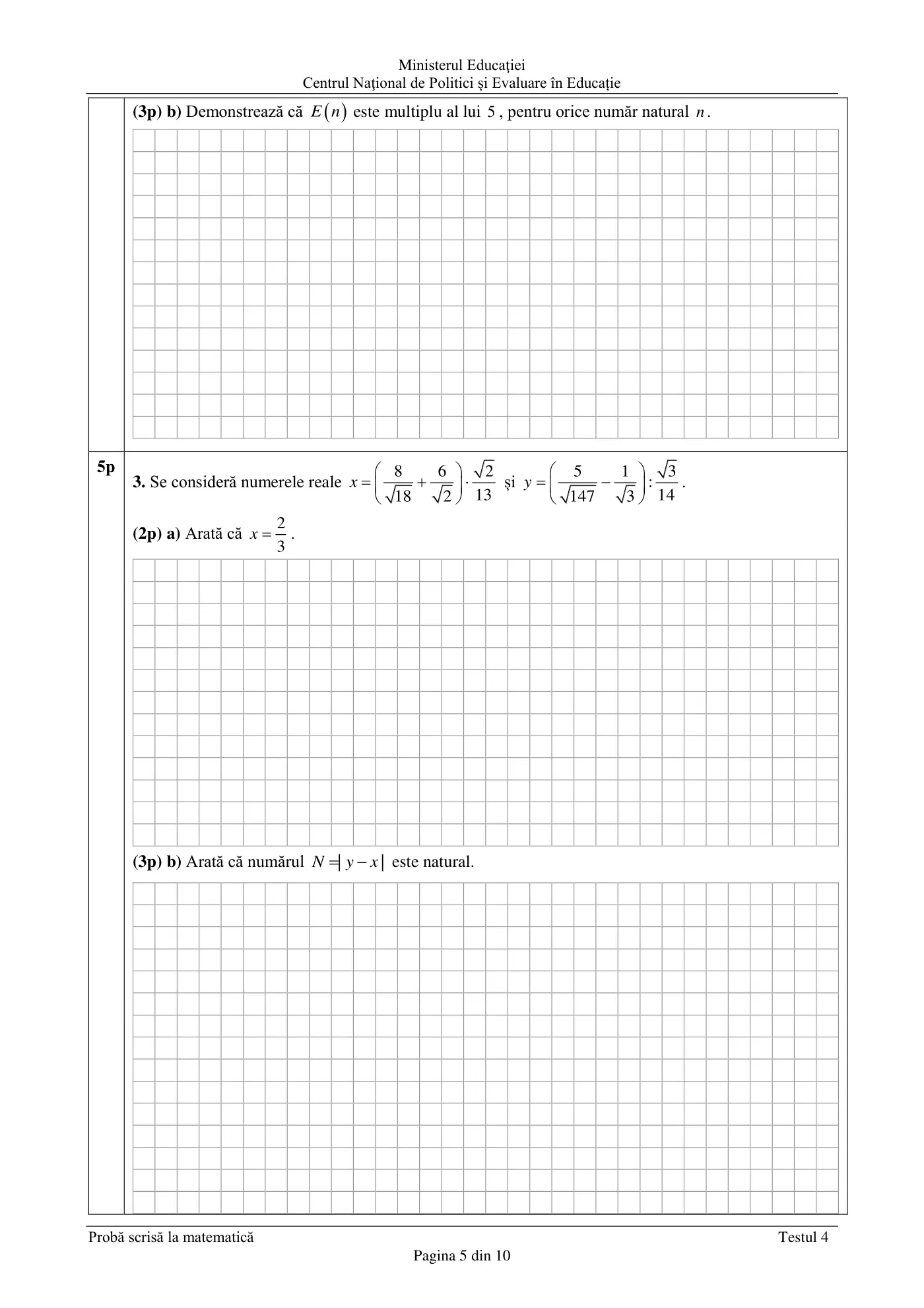 Pagina 5 din subiectul test de antrenament 4, matematică, februarie 2021