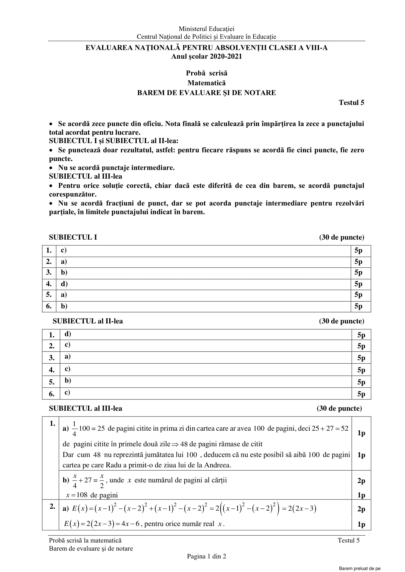 Pagina 1 din baremul pentru test de antrenament 5, matematică, februarie 2021