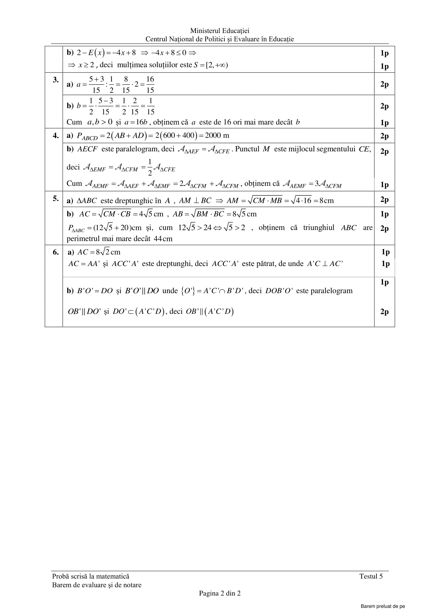 Pagina 2 din baremul pentru test de antrenament 5, matematică, februarie 2021