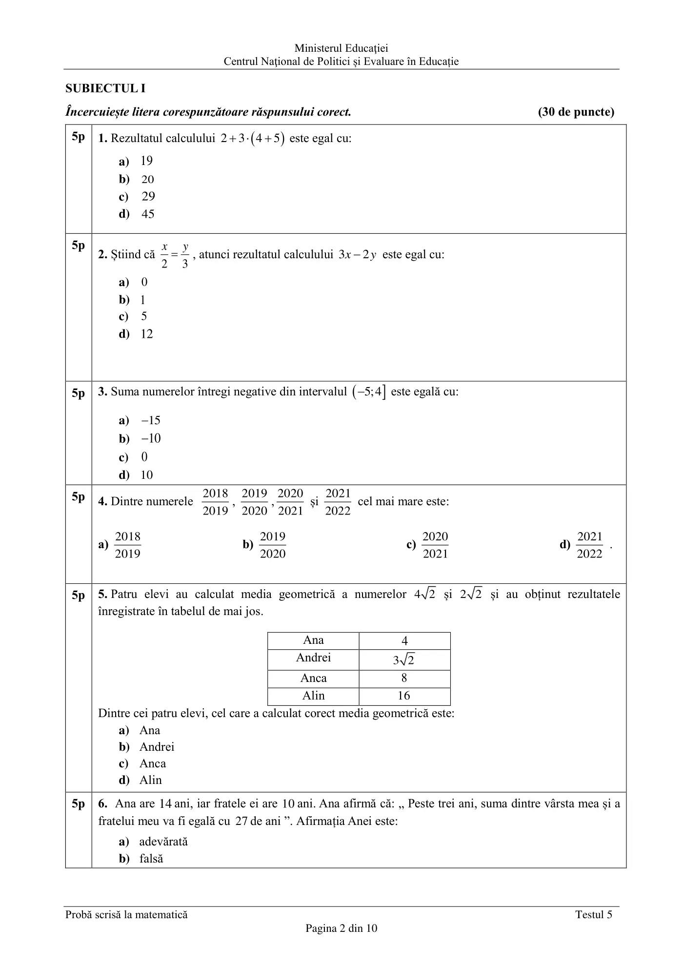 Pagina 2 din subiectul test de antrenament 5, matematică, februarie 2021
