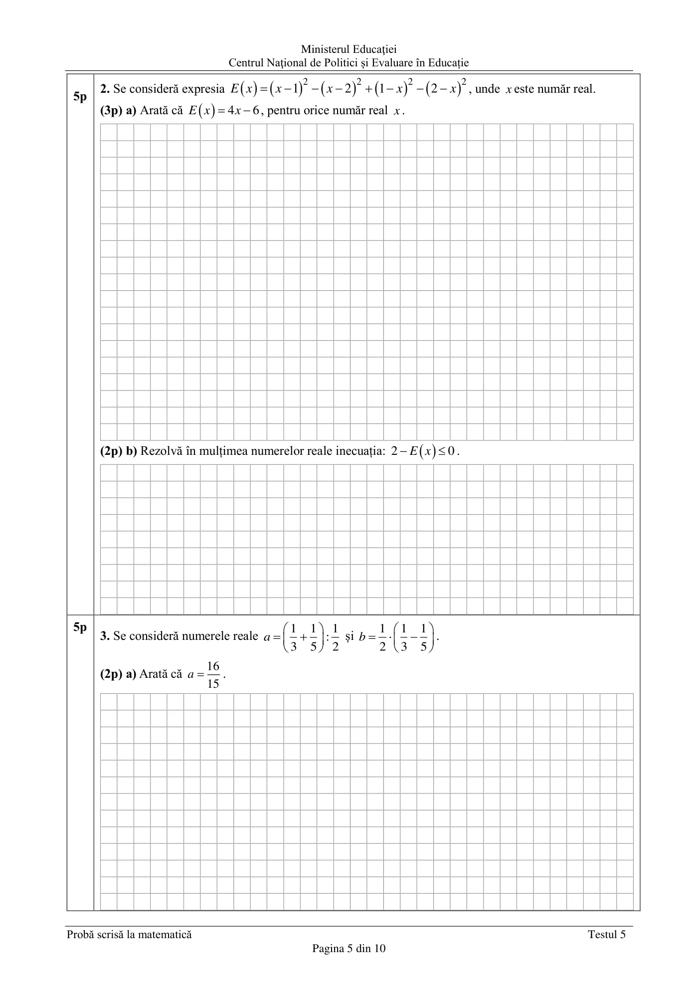 Pagina 5 din subiectul test de antrenament 5, matematică, februarie 2021