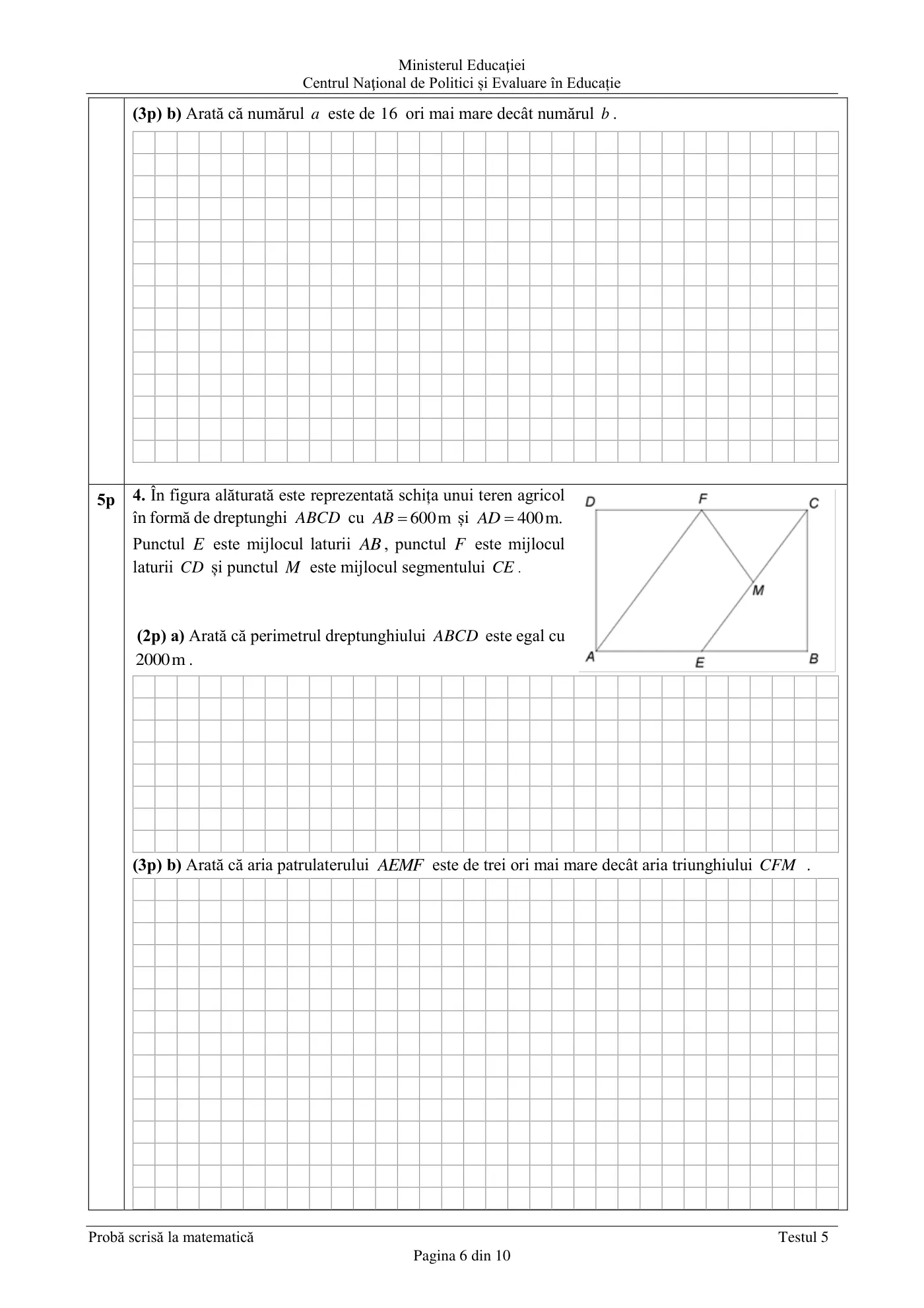 Pagina 6 din subiectul test de antrenament 5, matematică, februarie 2021