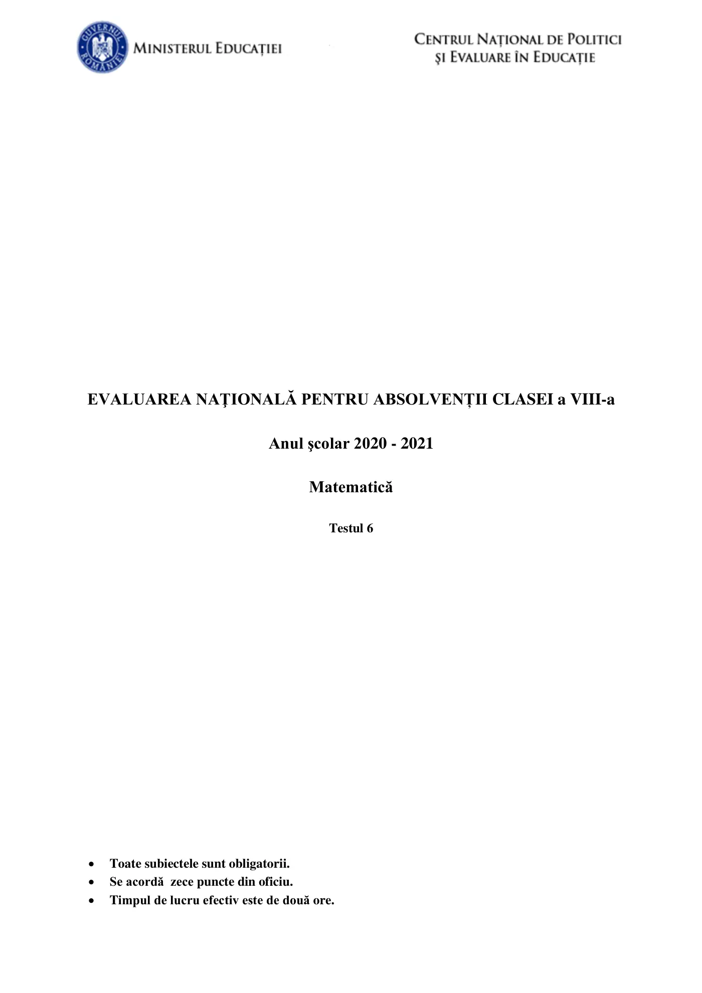 Pagina 1 din subiectul test de antrenament 6, matematică, martie 2021