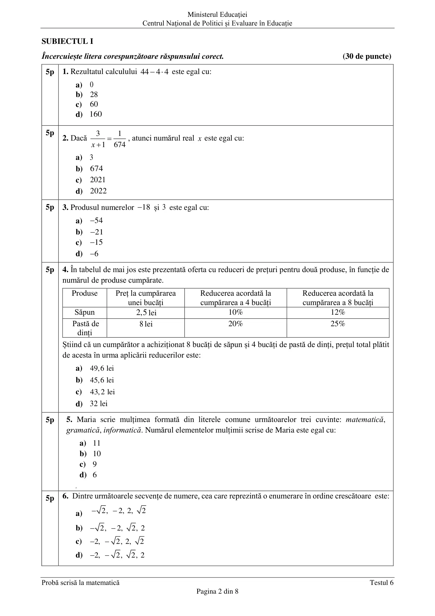 Pagina 2 din subiectul test de antrenament 6, matematică, martie 2021