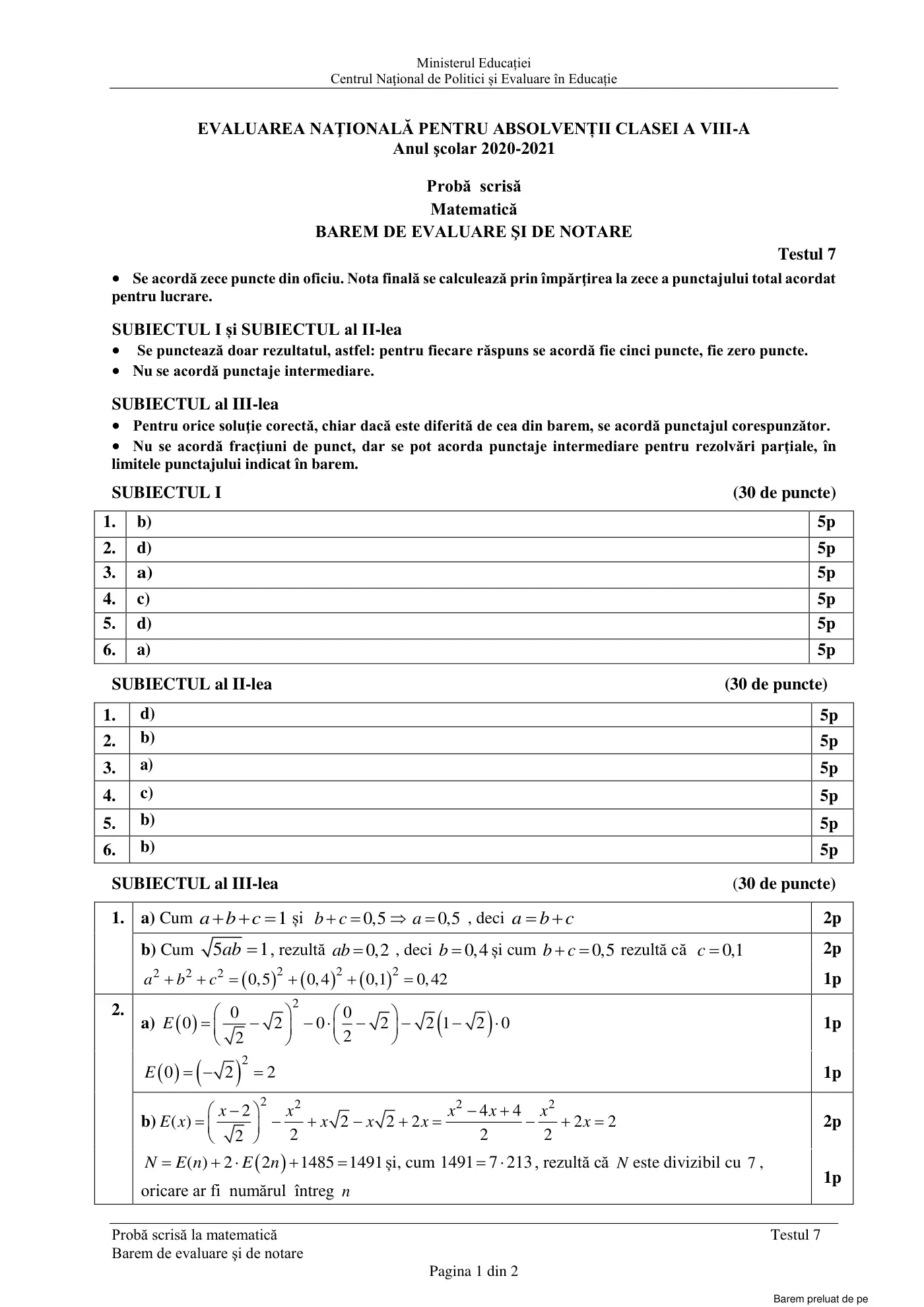 Pagina 1 din baremul pentru test de antrenament 7, matematică, martie 2021