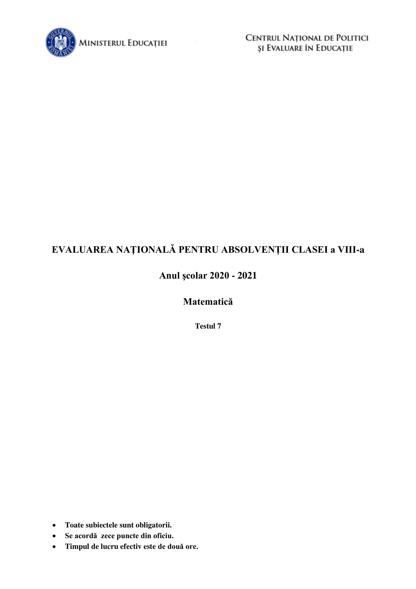 Pagina 1 din subiectul test de antrenament 7, matematică, martie 2021