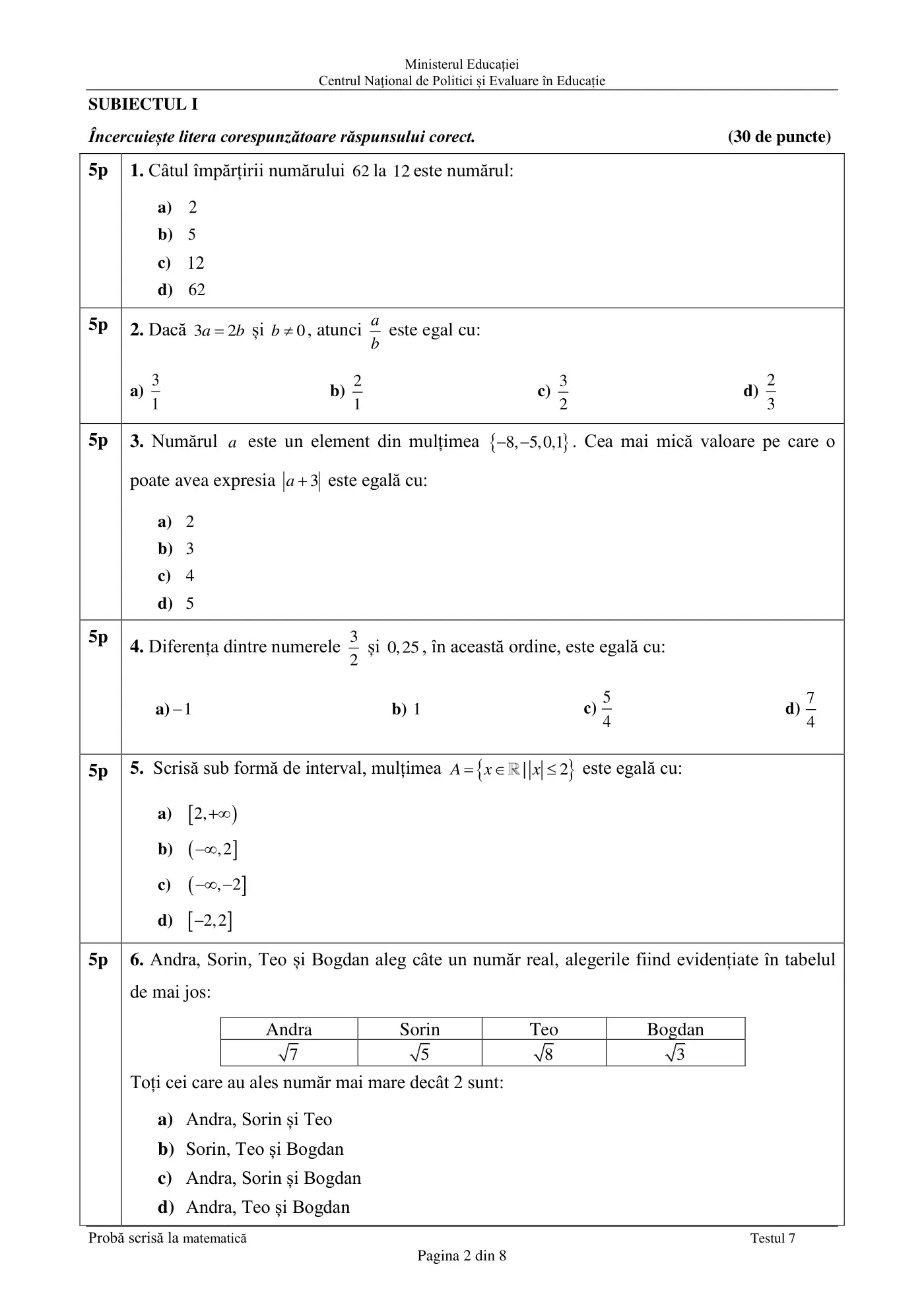 Pagina 2 din subiectul test de antrenament 7, matematică, martie 2021