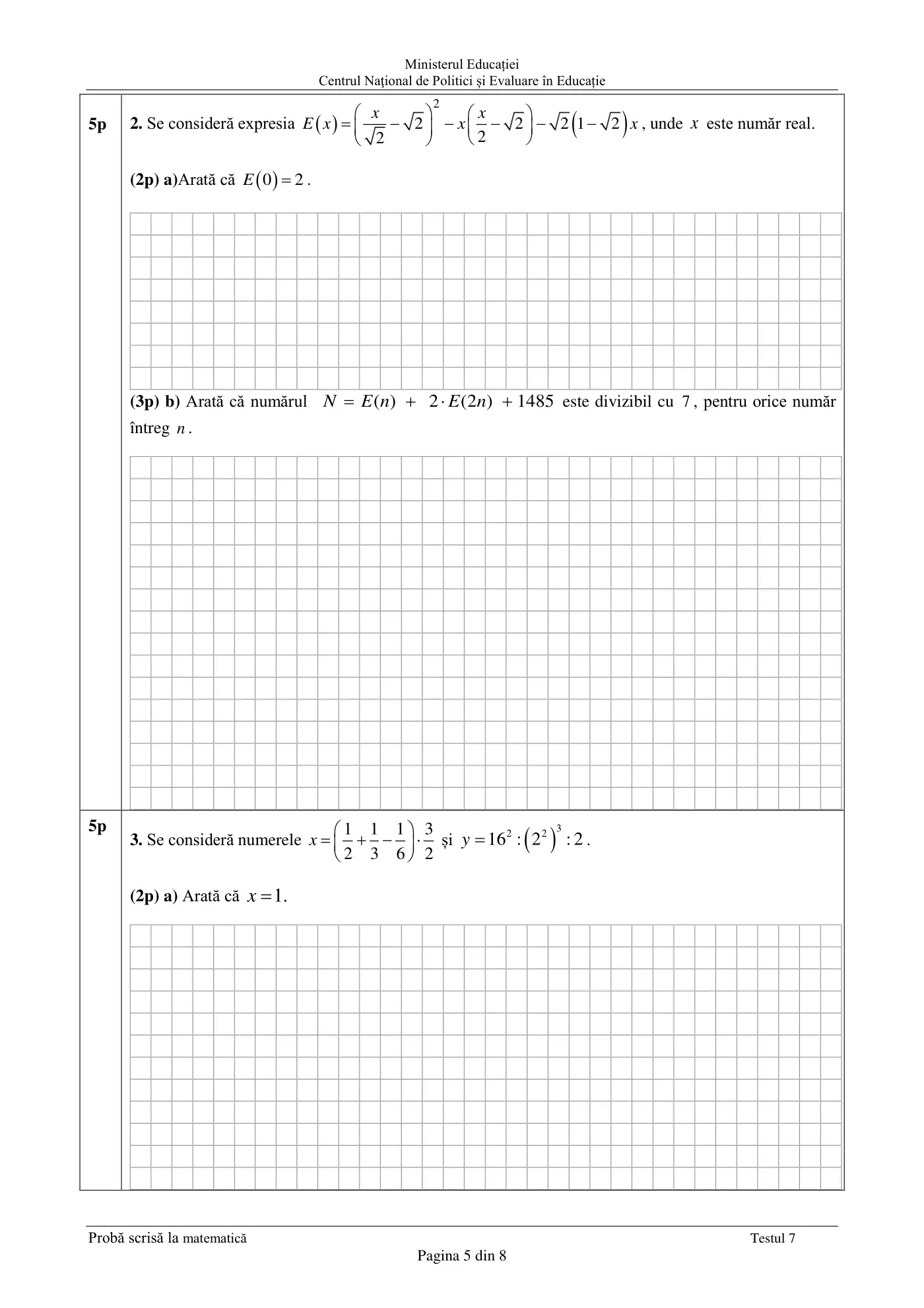 Pagina 5 din subiectul test de antrenament 7, matematică, martie 2021