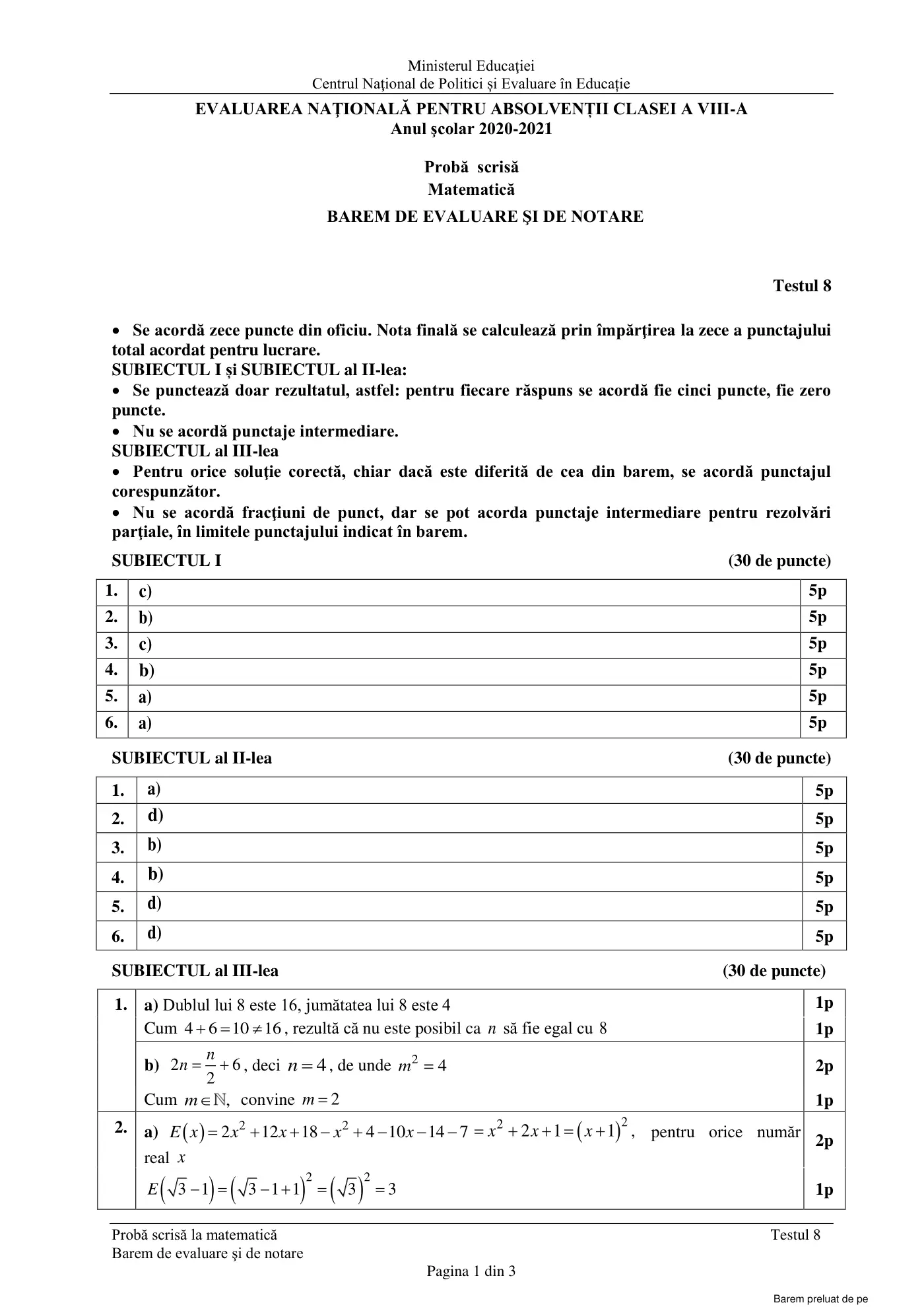 Pagina 1 din baremul pentru test de antrenament 8, matematică, martie 2021