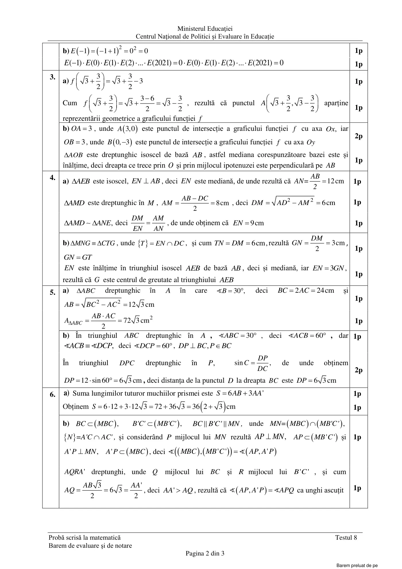 Pagina 2 din baremul pentru test de antrenament 8, matematică, martie 2021