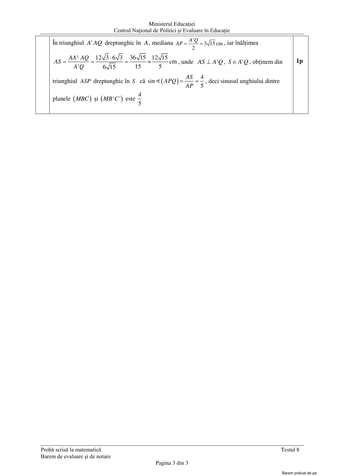 Pagina 3 din baremul pentru test de antrenament 8, matematică, martie 2021