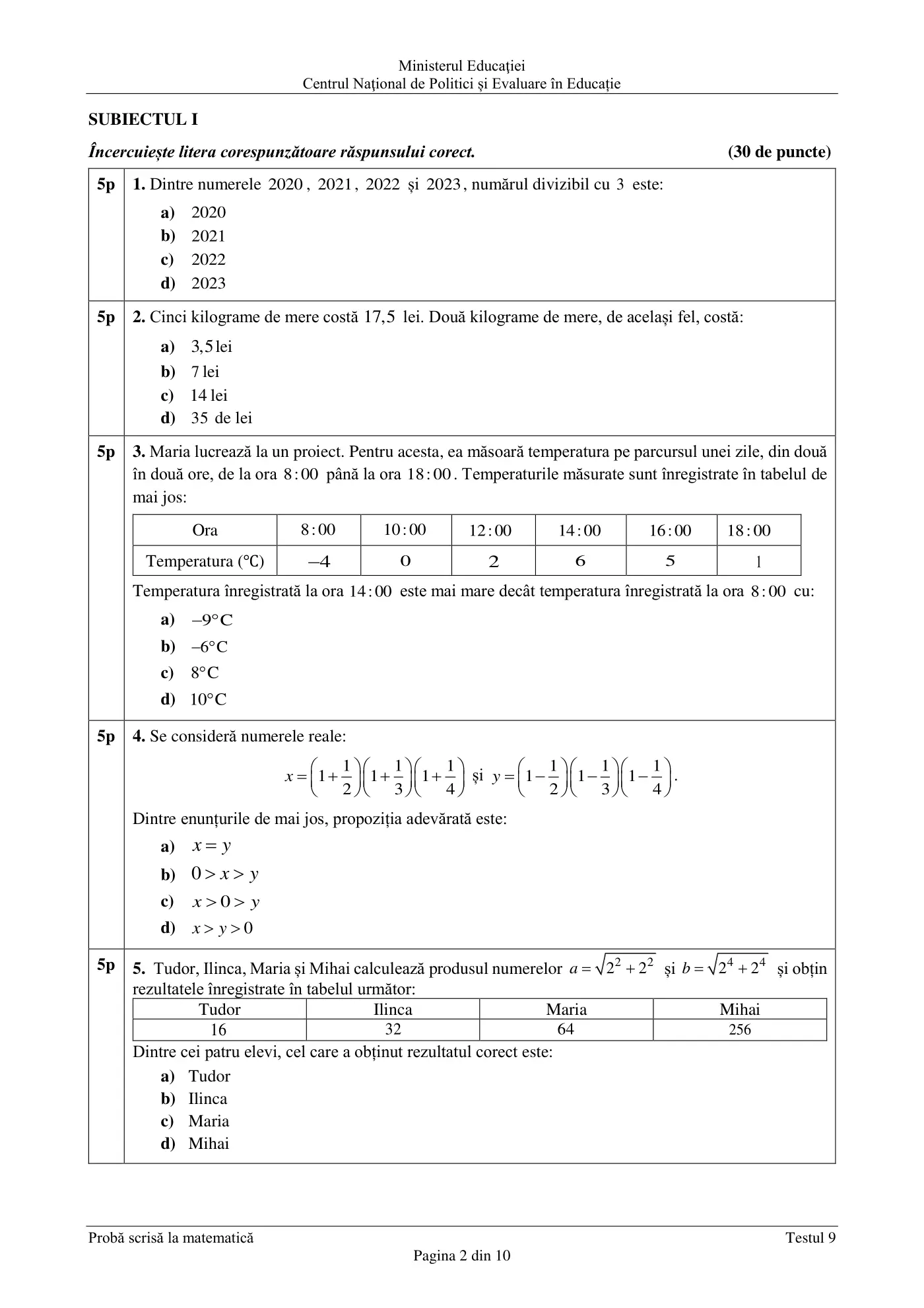 Pagina 2 din subiectul test de antrenament 9, matematică, martie 2021