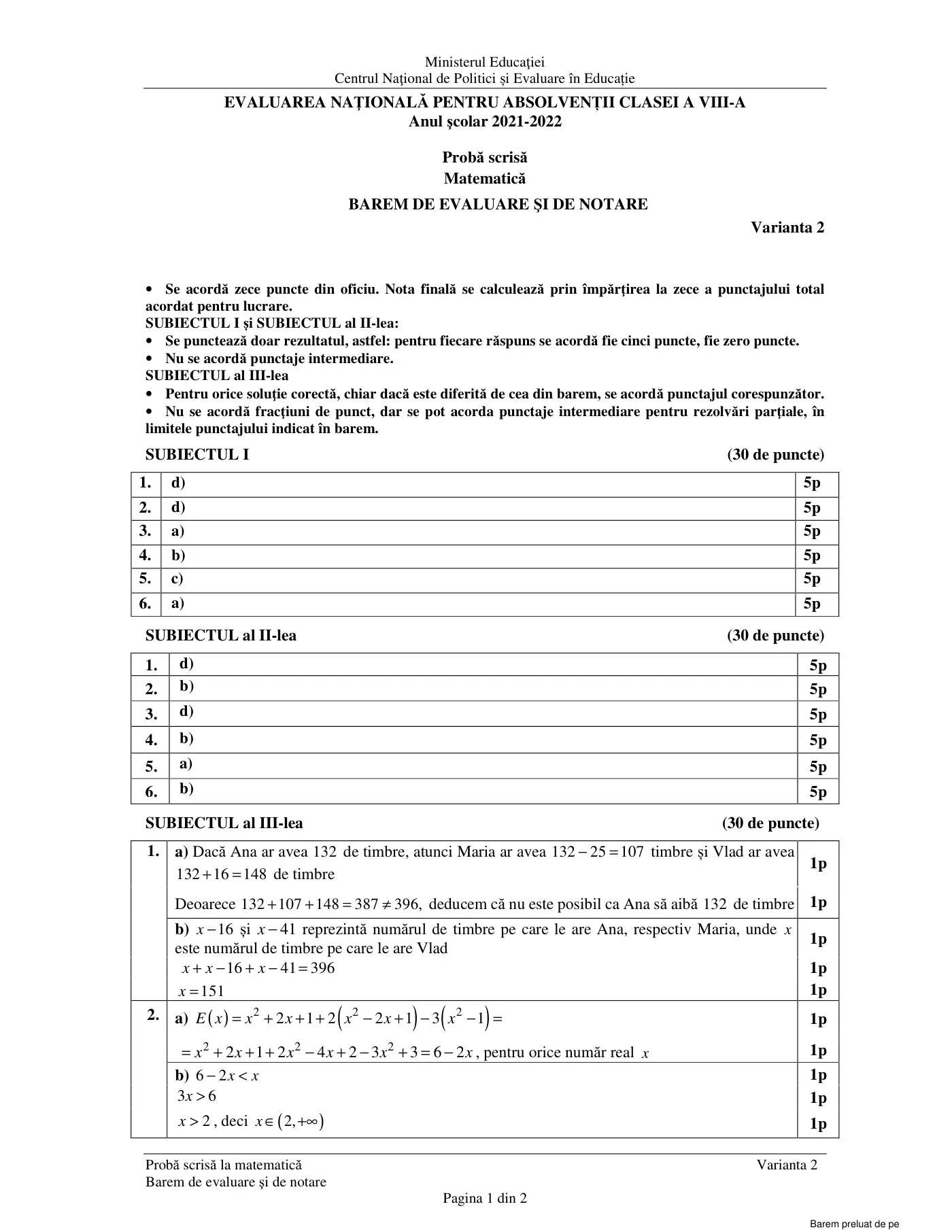 Pagina 1 din baremul pentru examen oficial (sesiunea iunie), matematică, 16 iunie 2022