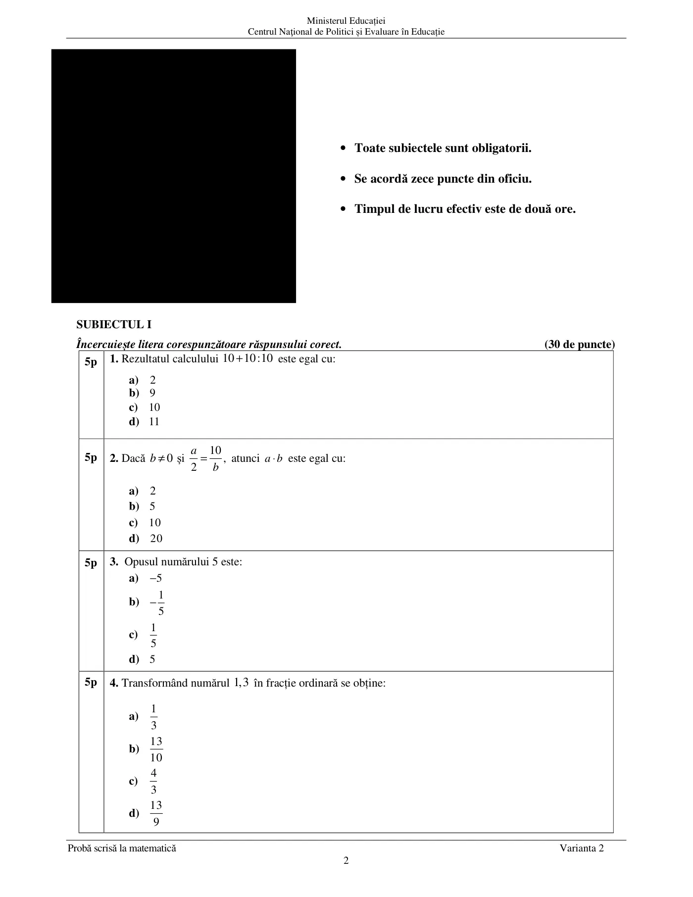 Pagina 2 din subiectul examen oficial (sesiunea iunie), matematică, 16 iunie 2022