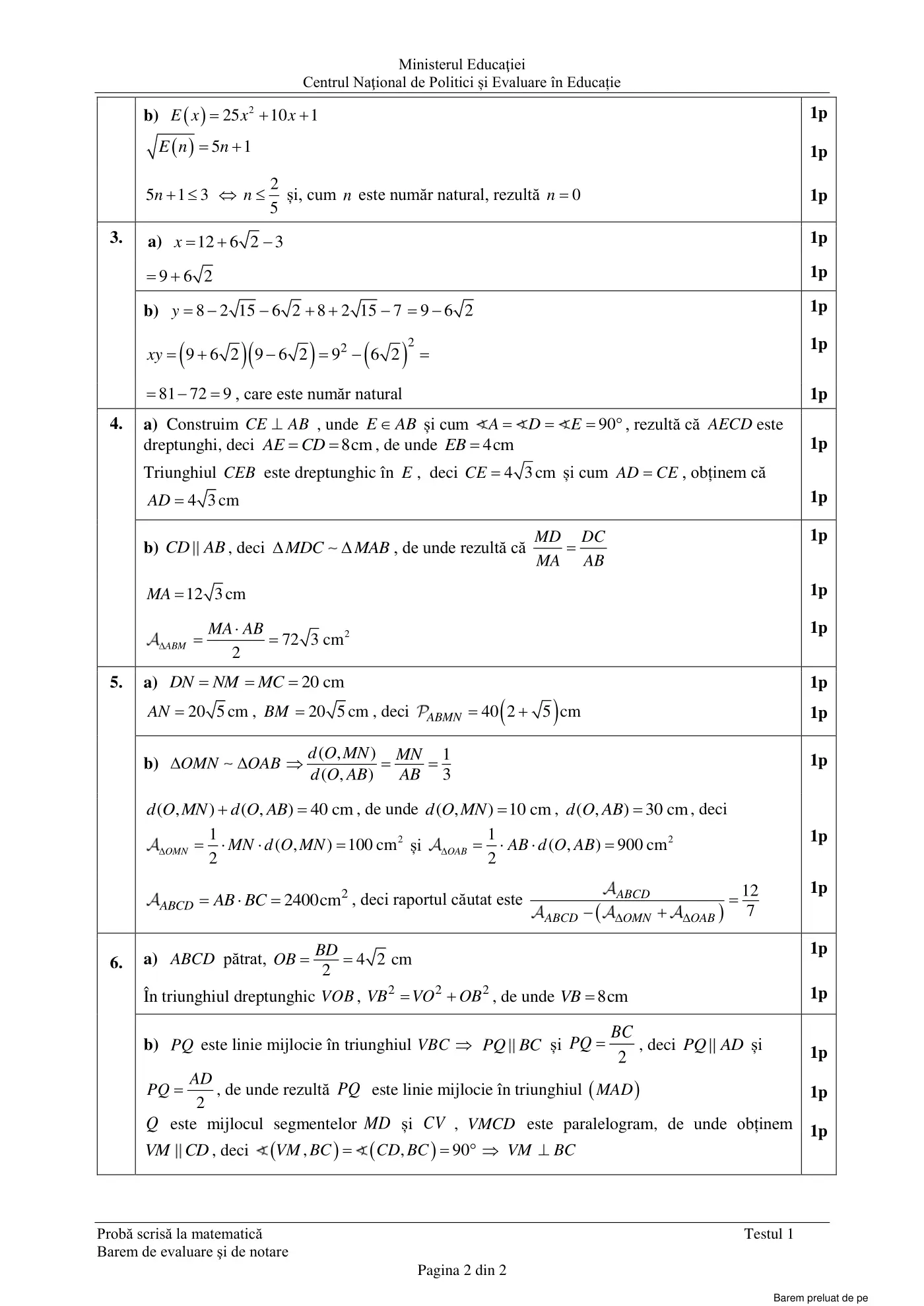 Pagina 2 din baremul pentru test de antrenament 1, matematică, aprilie 2022