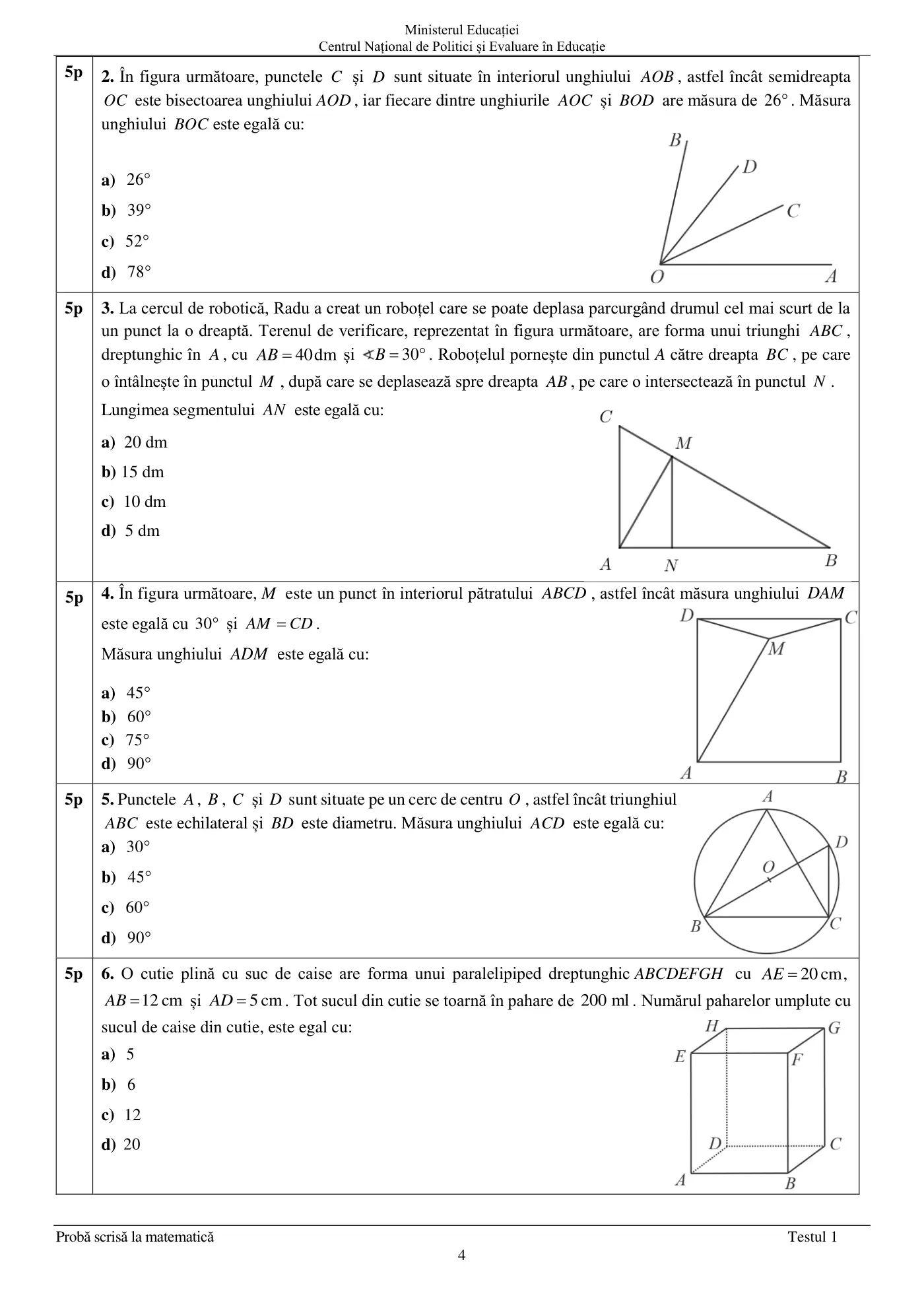 Pagina 4 din subiectul test de antrenament 1, matematică, aprilie 2022