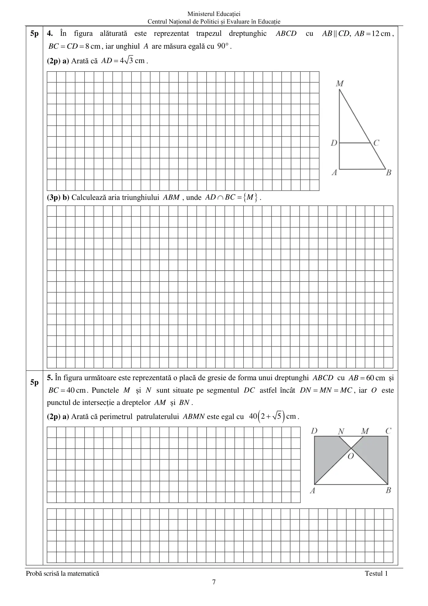 Pagina 7 din subiectul test de antrenament 1, matematică, aprilie 2022