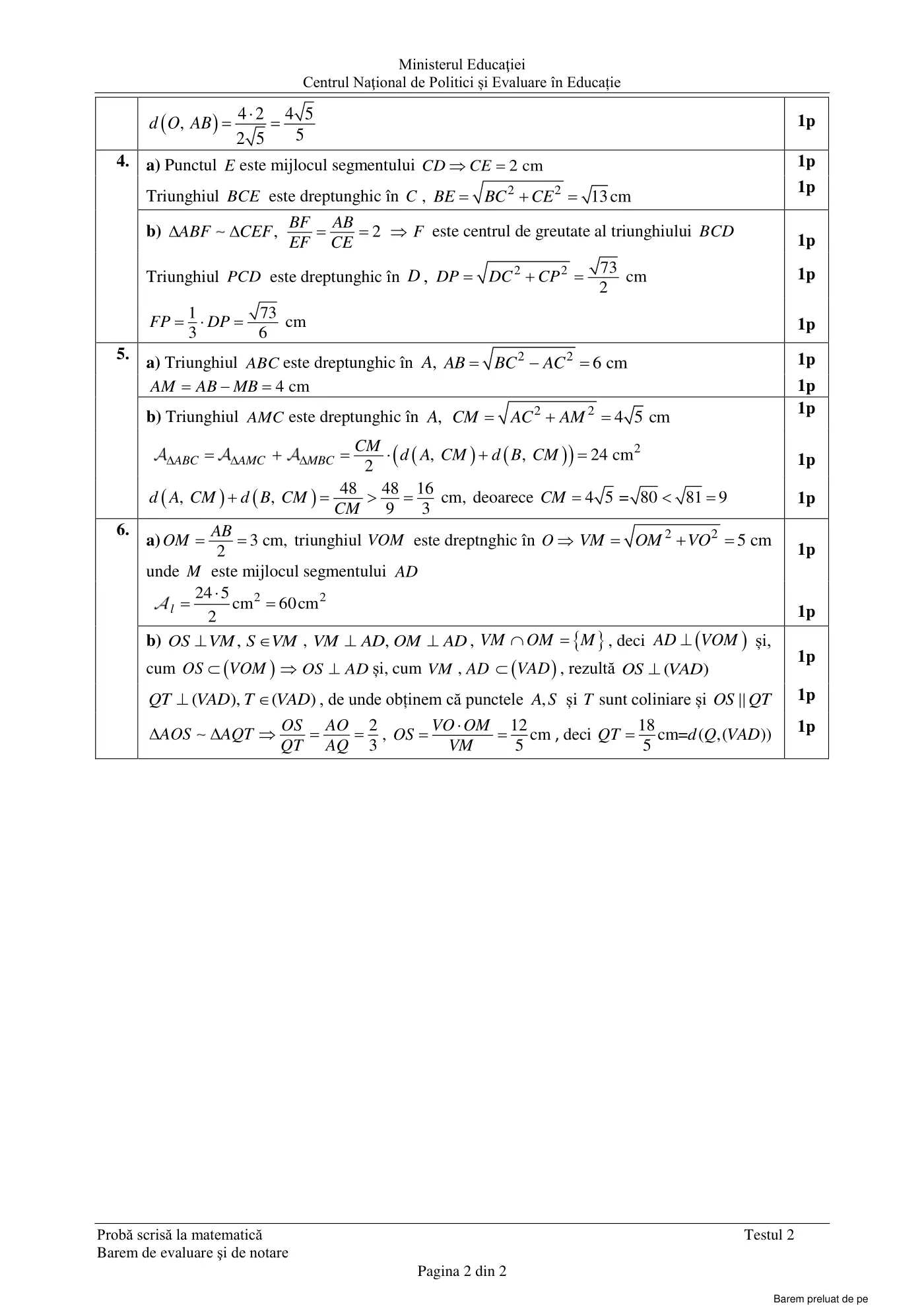 Pagina 2 din baremul pentru test de antrenament 2, matematică, mai 2022