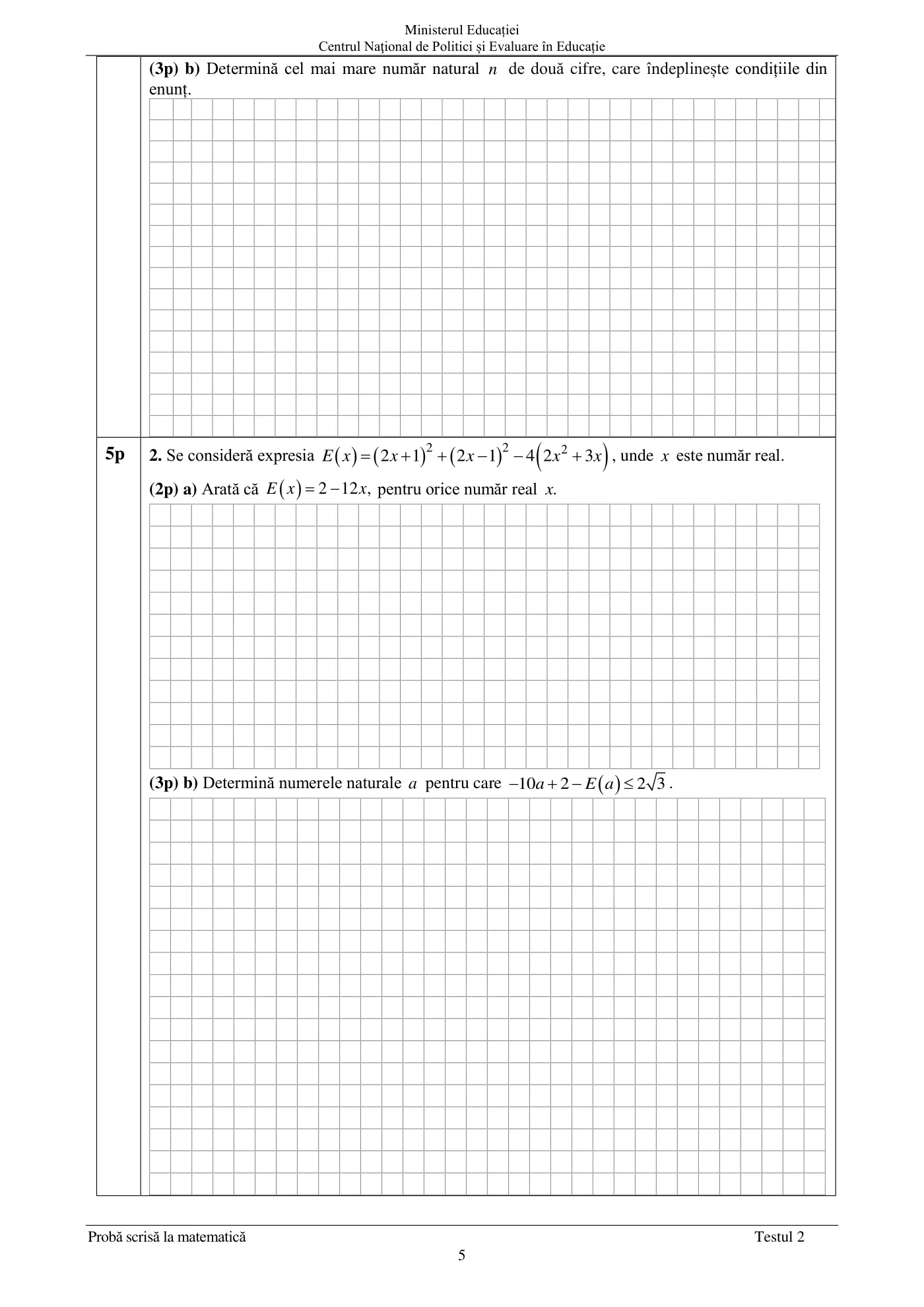 Pagina 5 din subiectul test de antrenament 2, matematică, mai 2022